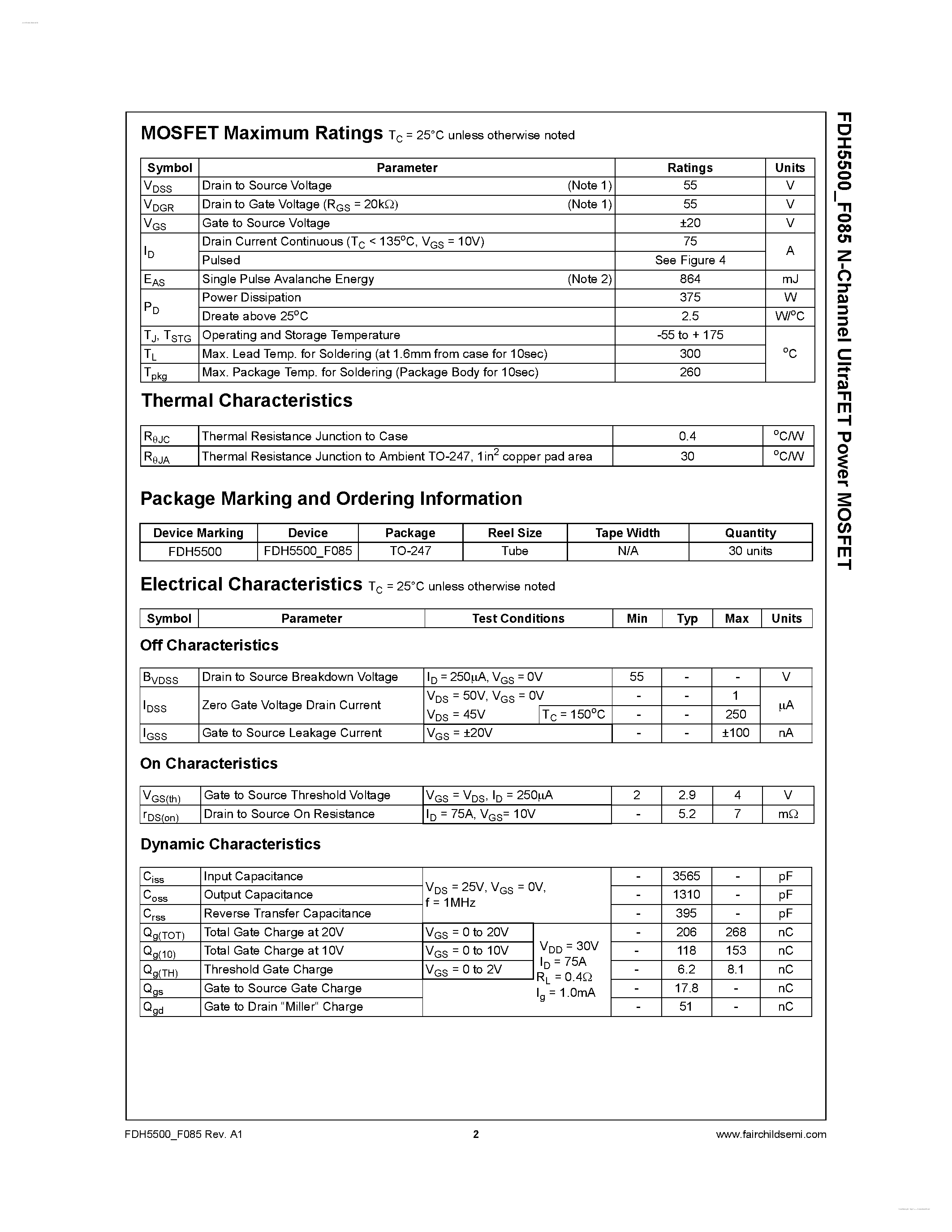 Datasheet FDH5500_F085 - N-Channel UltraFET Power MOSFET page 2
