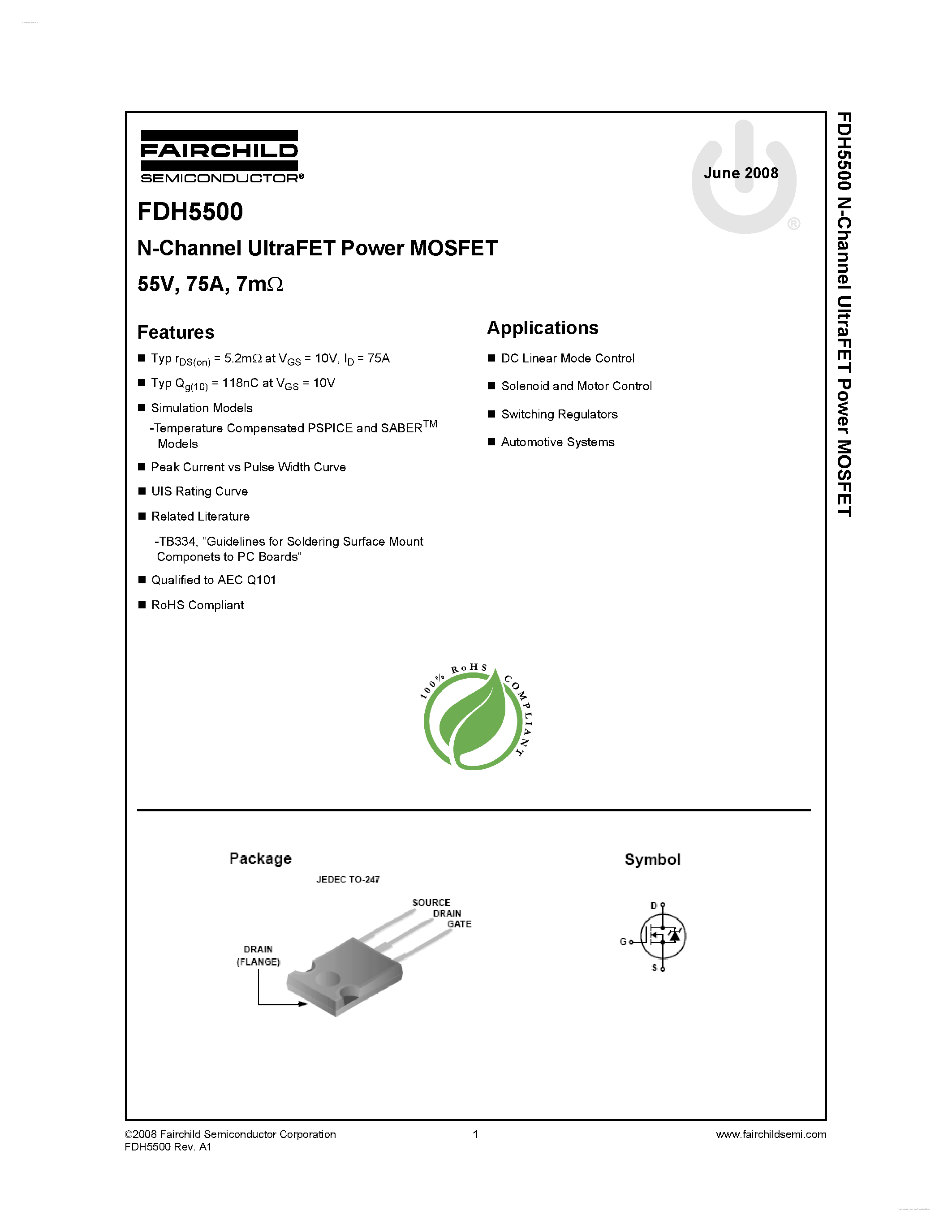 Datasheet FDH5500 - N-Channel UltraFET Power MOSFET page 1