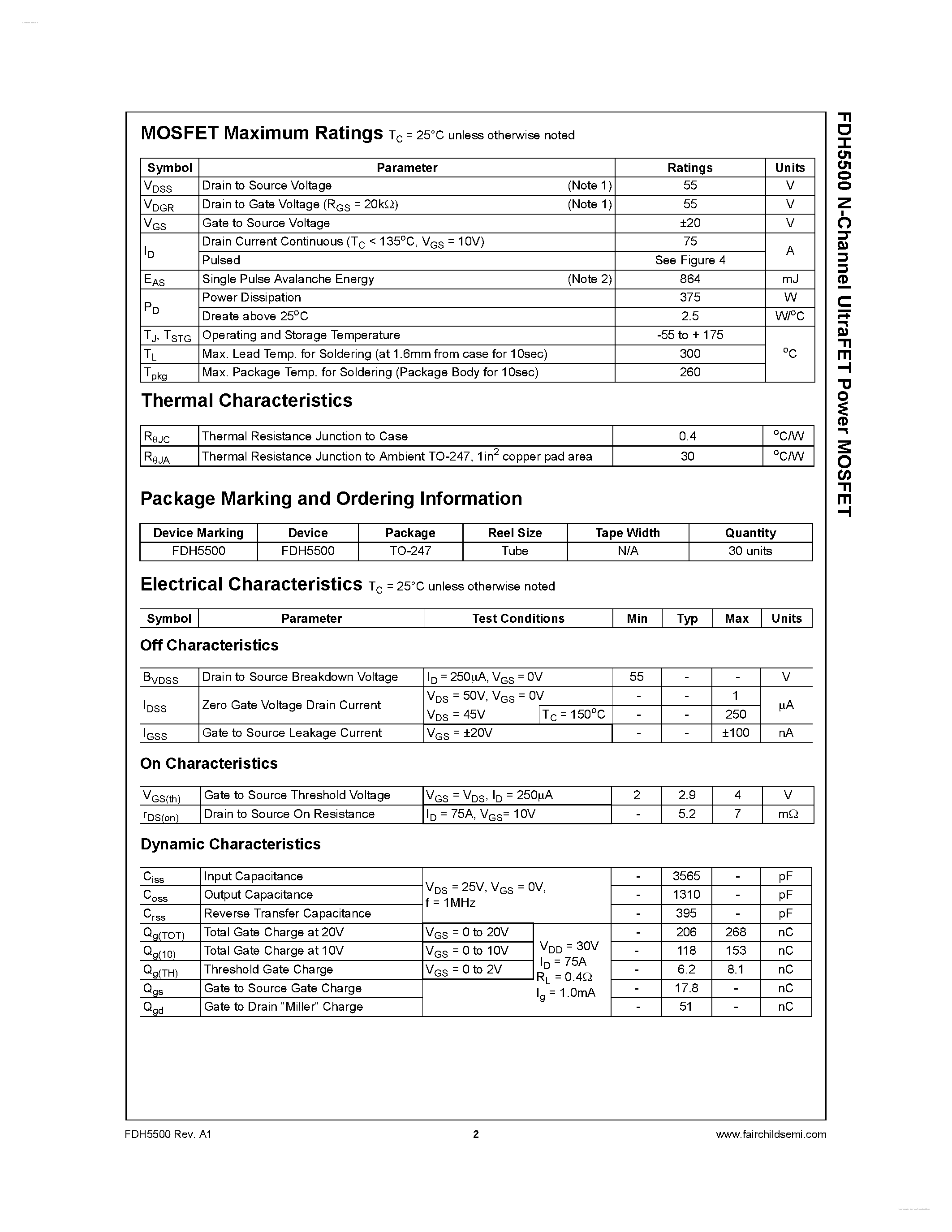 Datasheet FDH5500 - N-Channel UltraFET Power MOSFET page 2