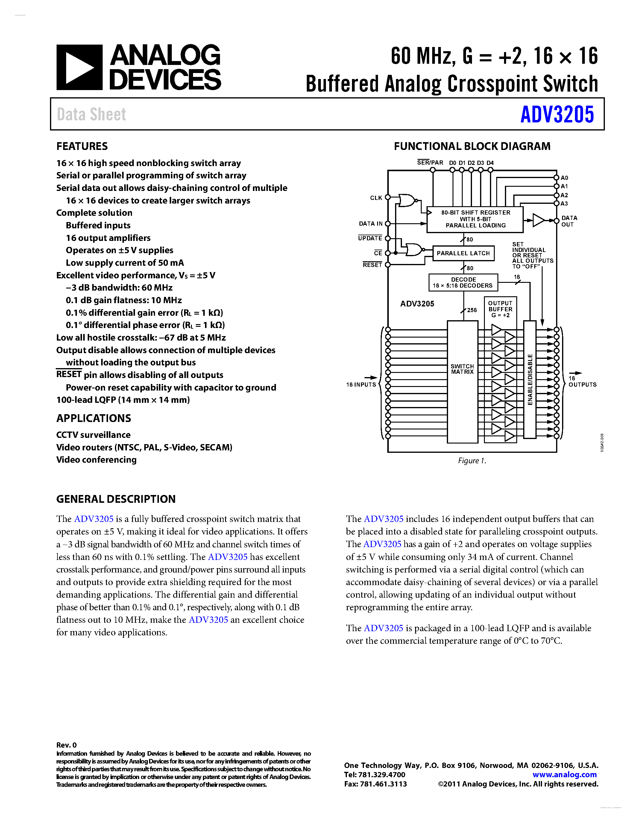 Даташит на микросхему ADV3205 страница 1 Даташит ADV3205 - 16 X 16 Buffered Analog Crosspoint Switch страница 1