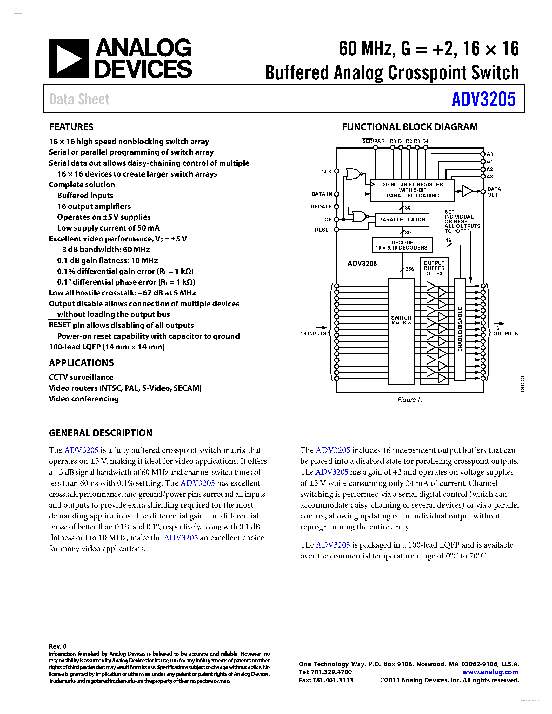 Datasheet ADV3205 - 16 X 16 Buffered Analog Crosspoint Switch page 1