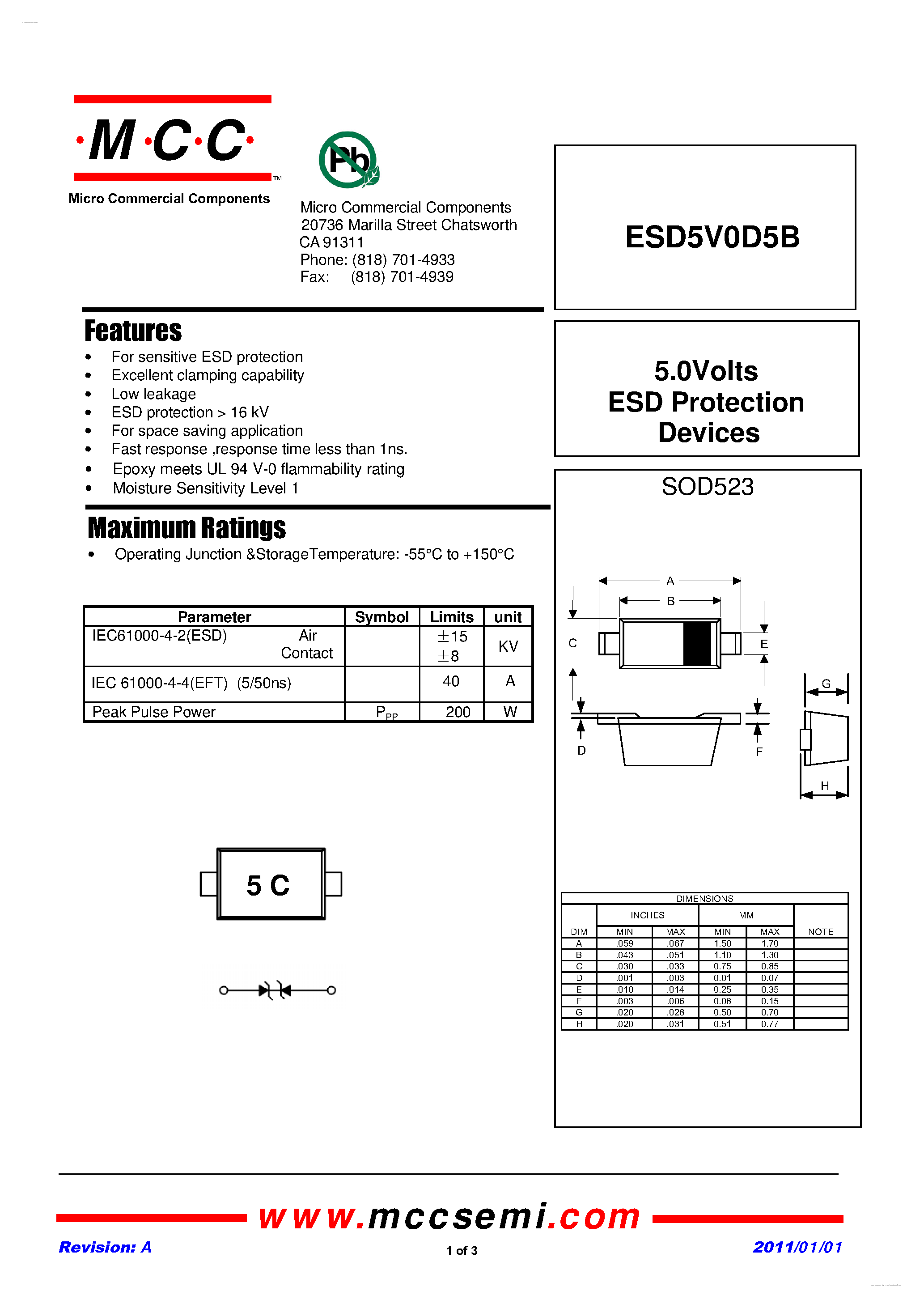 Datasheet ESD5V0D5B page 1 Datasheet ESD5V0D5B - 5.0Volts ESD Protection Devices page 1