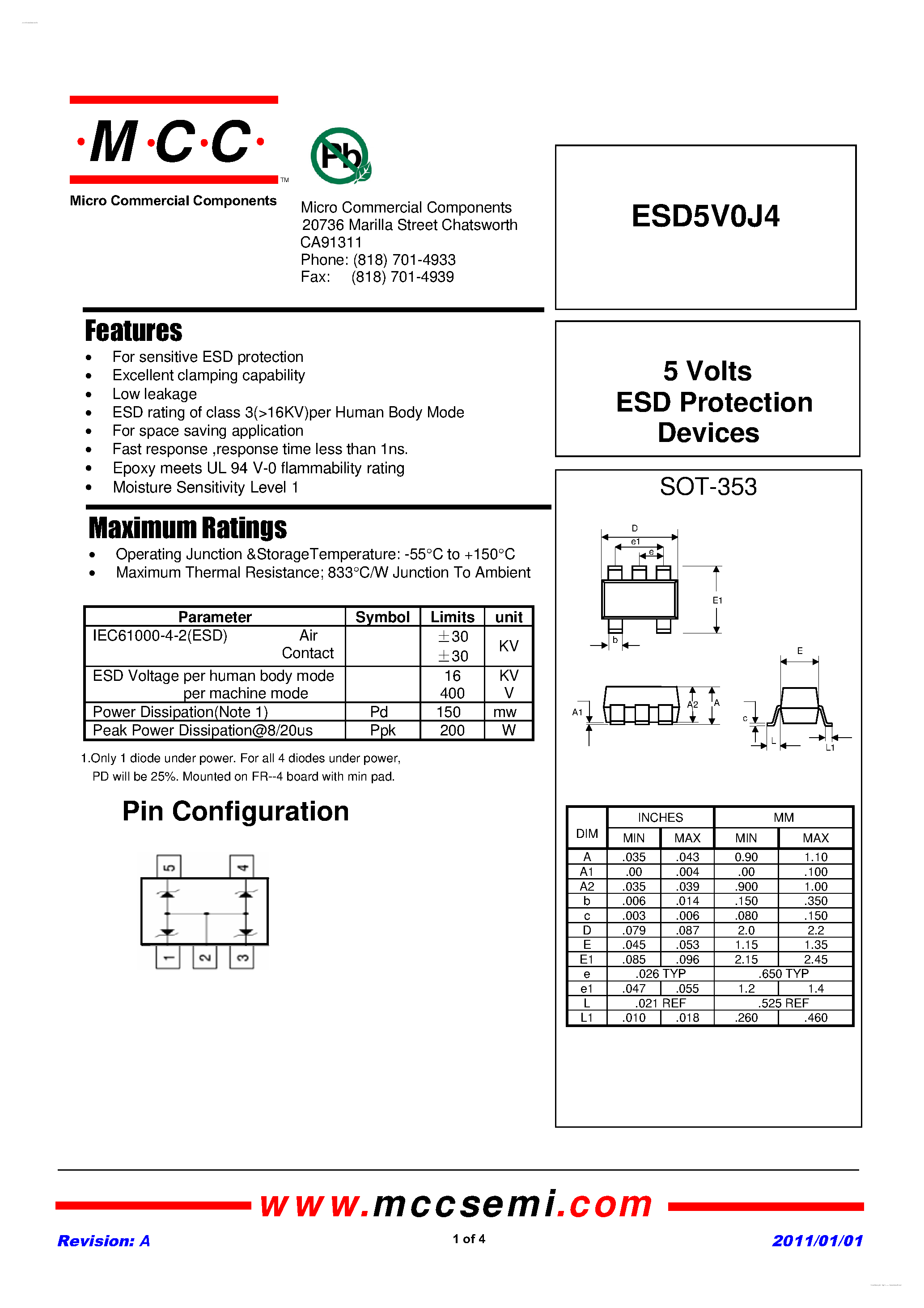 Datasheet ESD5V0J4 - 5 Volts ESD Protection Devices page 1