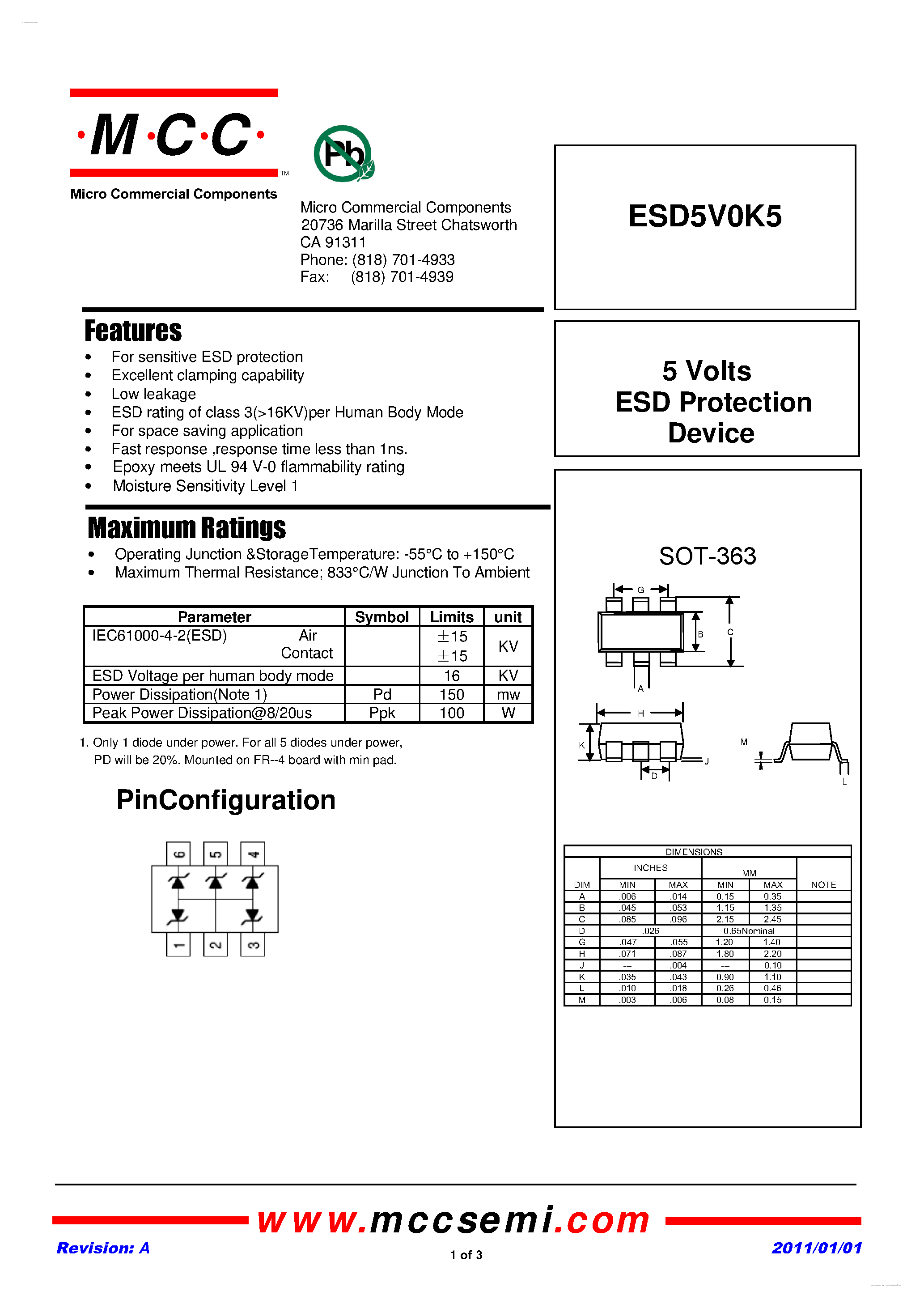 Datasheet ESD5V0K5 page 1 Datasheet ESD5V0K5 - 5 Volts ESD Protection Device page 1