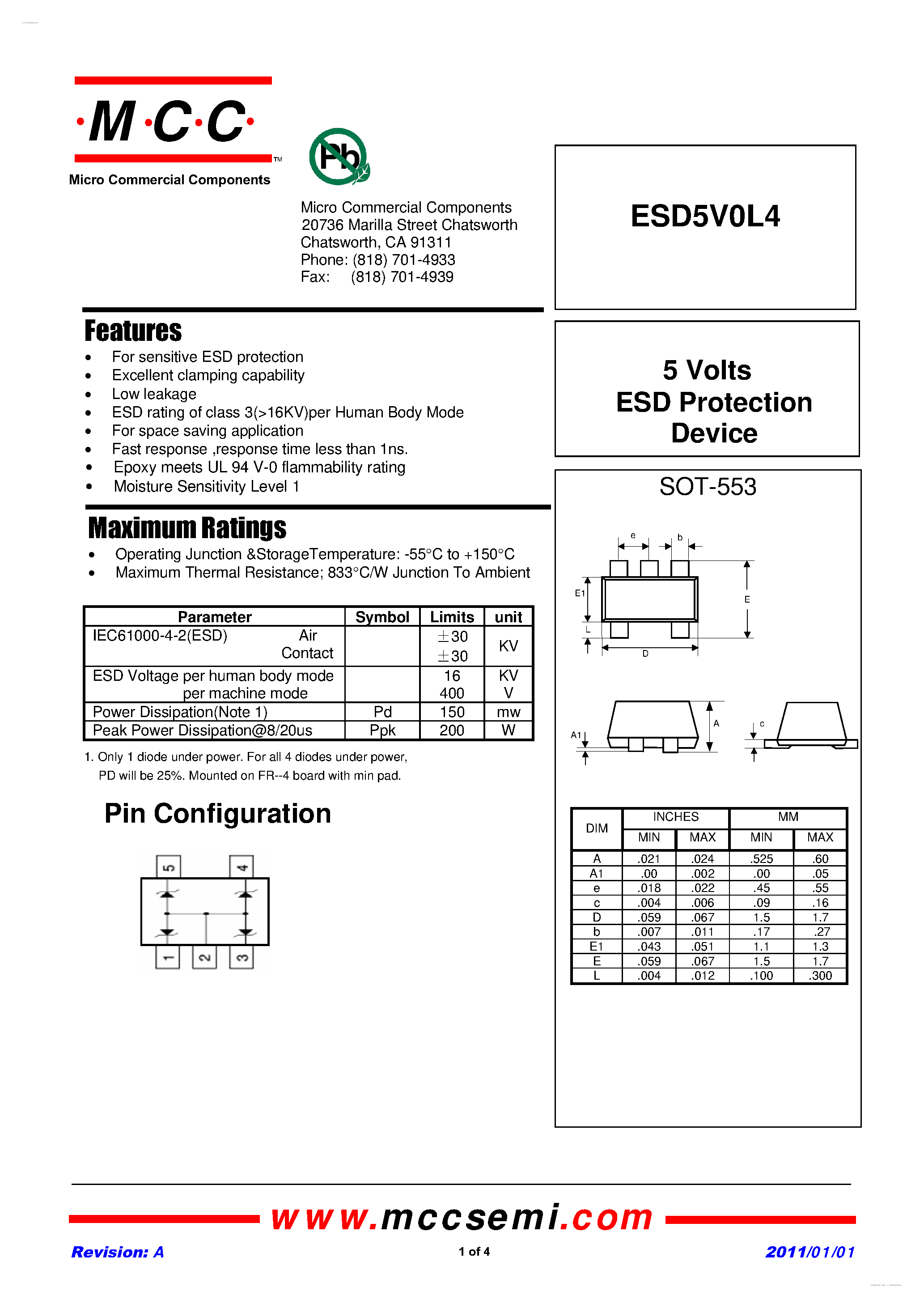 Datasheet ESD5V0L4 page 1 Datasheet ESD5V0L4 - 5 Volts ESD Protection Devices page 1