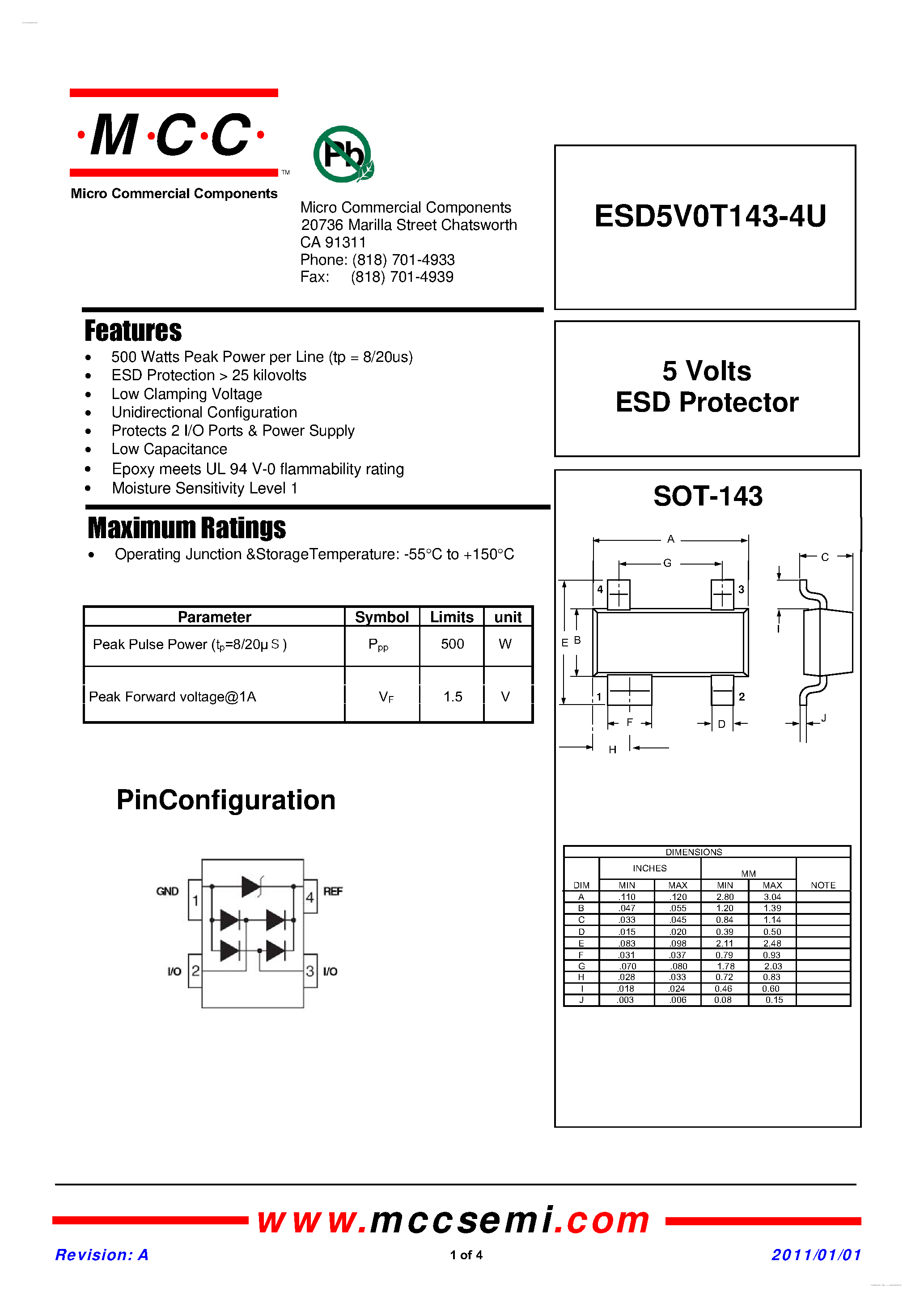 Datasheet ESD5V0T143-4U page 1 Datasheet ESD5V0T143-4U - 5 Volts ESD Protector page 1