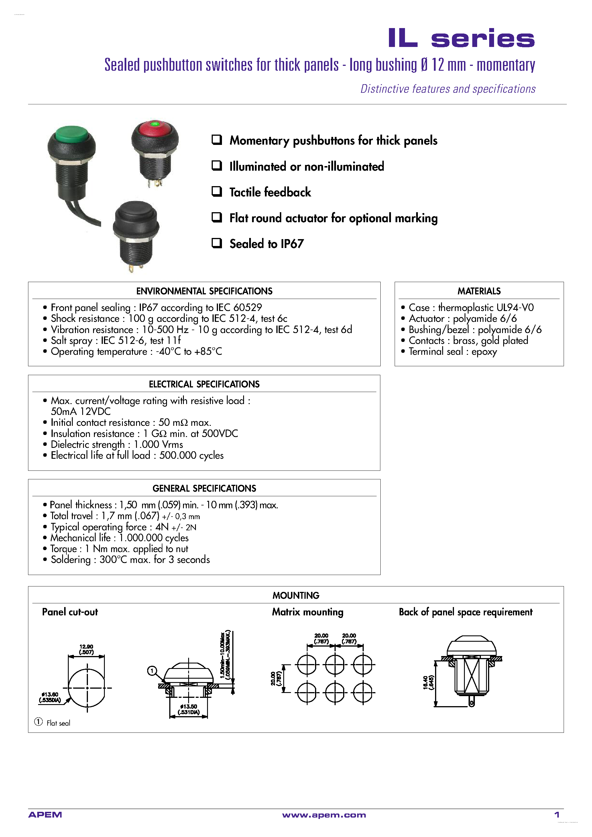 Datasheet ILP3FCD - Sealed pushbutton switches page 1