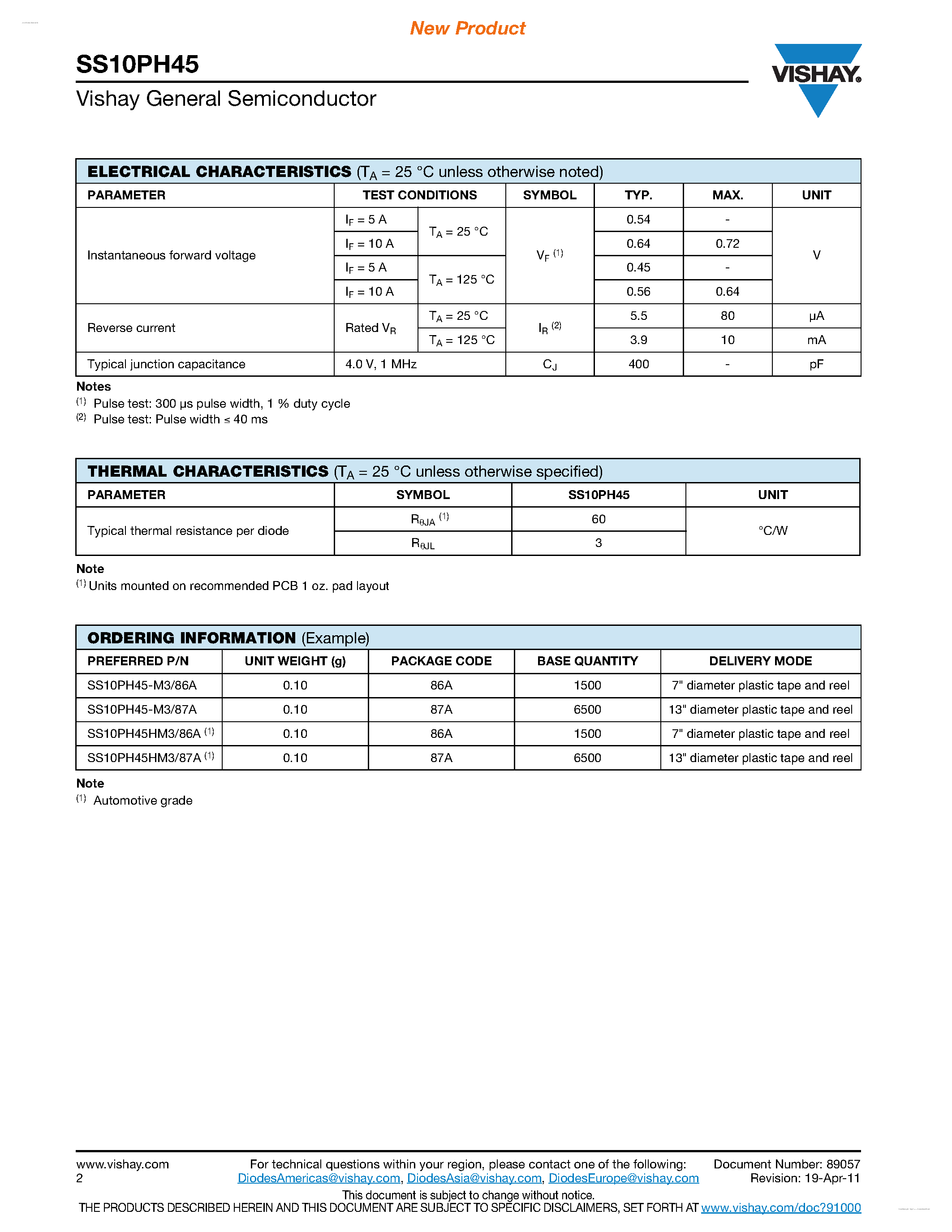 Datasheet SS10PH45 page 2 Datasheet SS10PH45 - High Current Density Surface Mount Schottky Rectifier page 2
