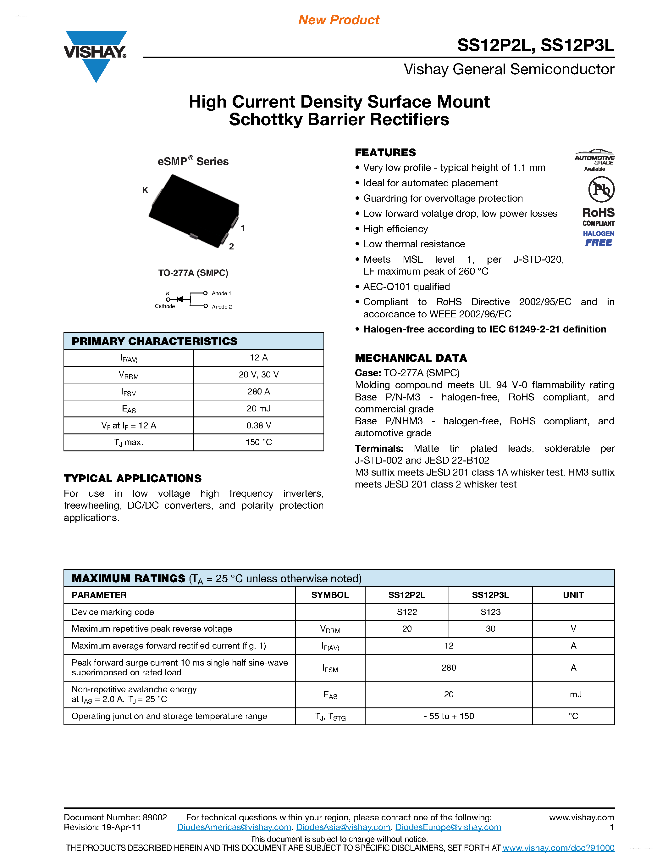 Даташит SS12P2L - (SS12P2L / SS12P3L) High Current Density Surface Mount Schottky Barrier Rectifiers страница 1