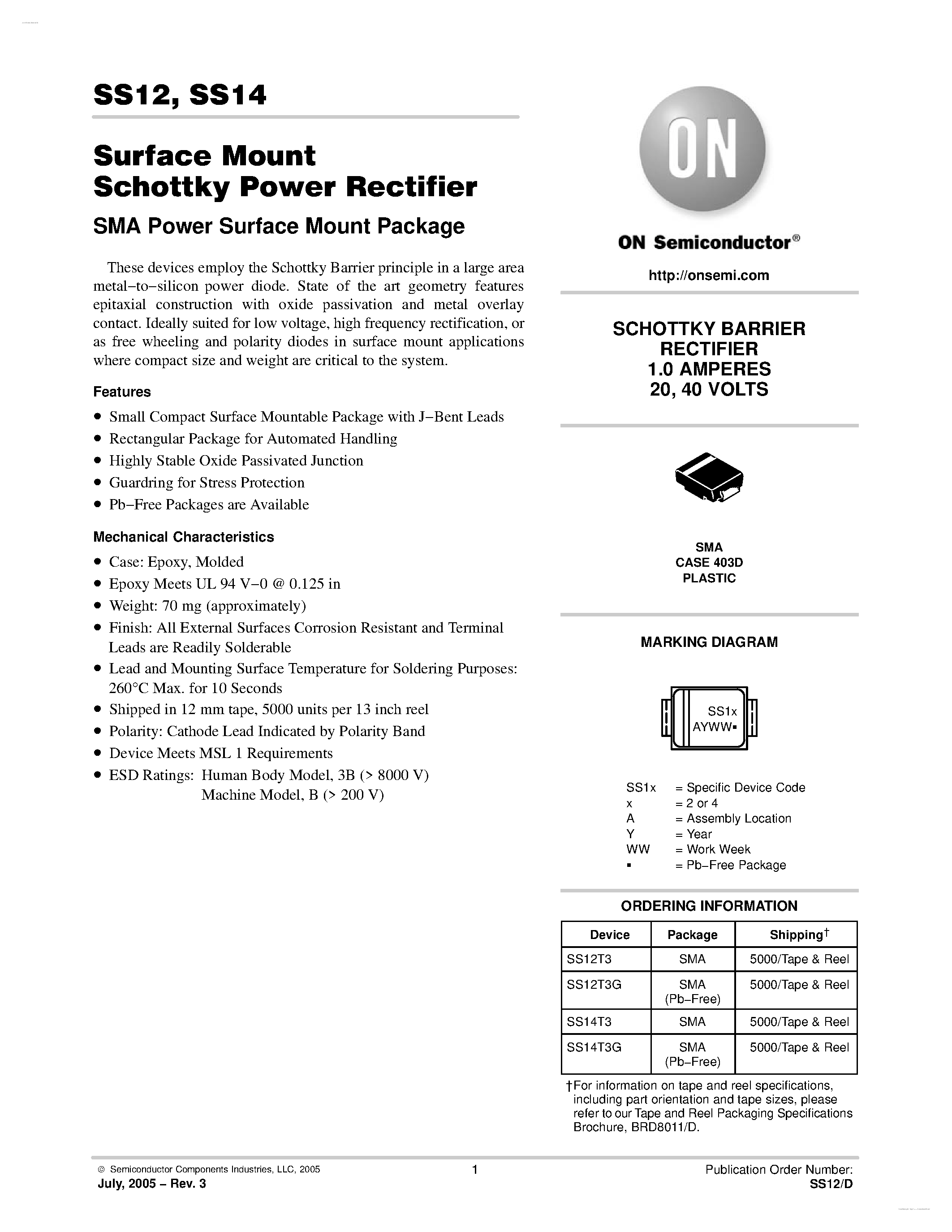 Даташит SS12 - (SS12 / SS14) Surface Mount Schottky Power Rectifier страница 1