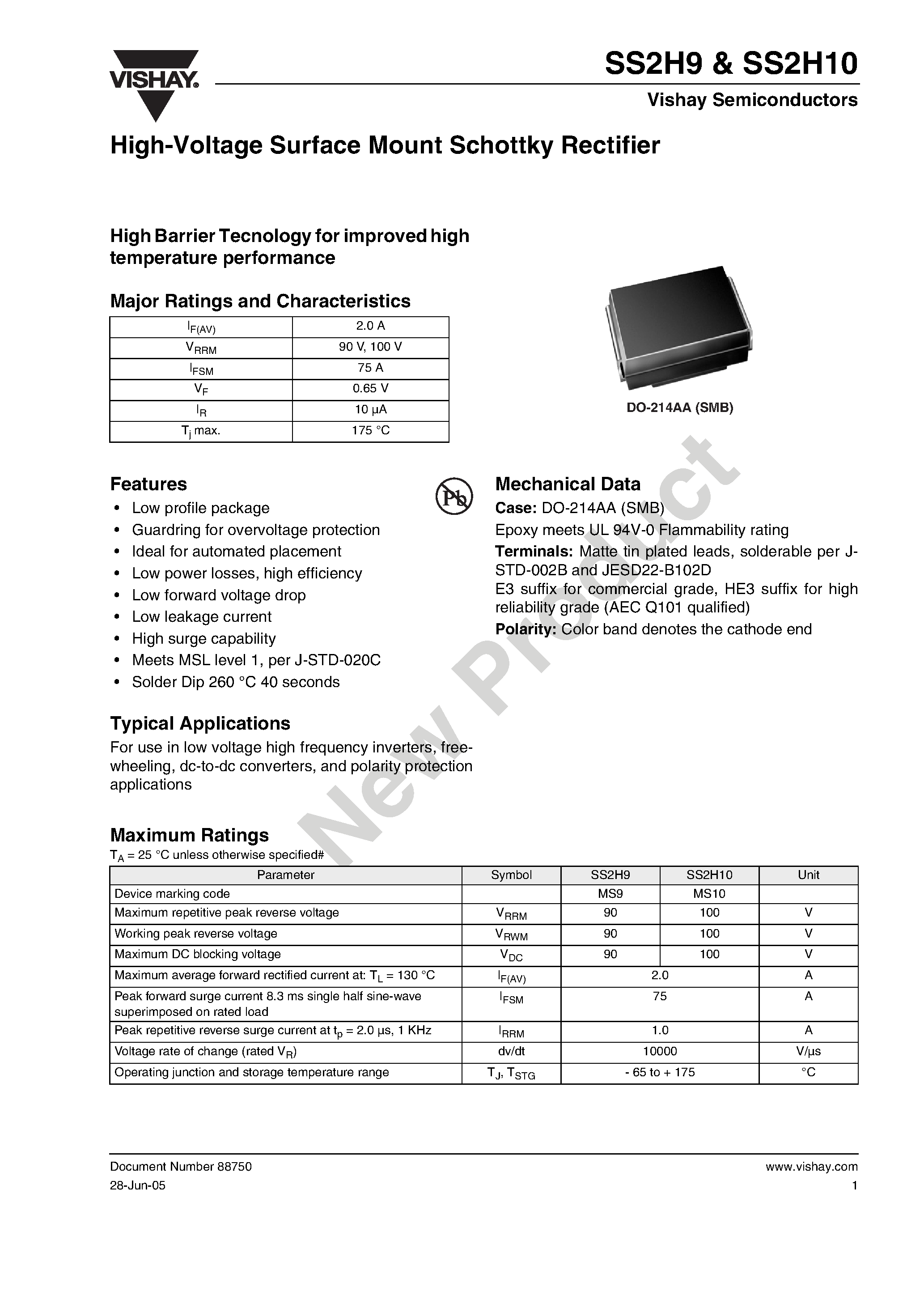 Datasheet SS2H10 - (SS2H9 / SS2H10) High-Voltage Surface Mount Schottky Rectifier page 1