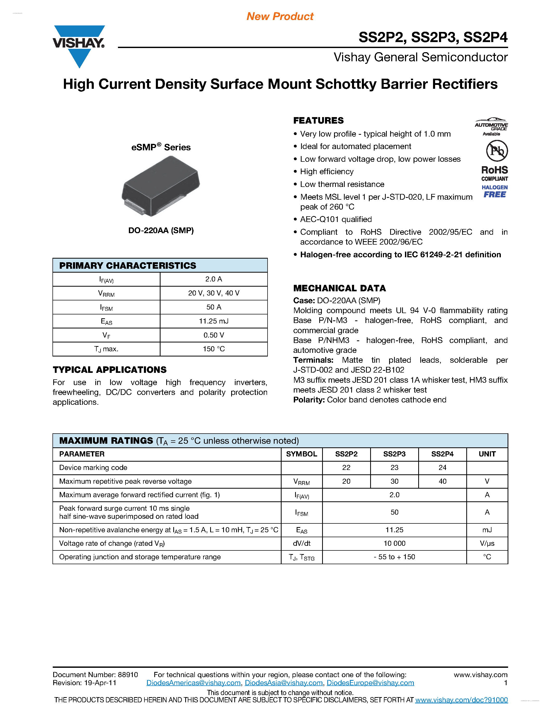 Даташит SS2P2 - (SS2P2 - SS2P4) High Current Density Surface Mount Schottky Barrier Rectifiers страница 1