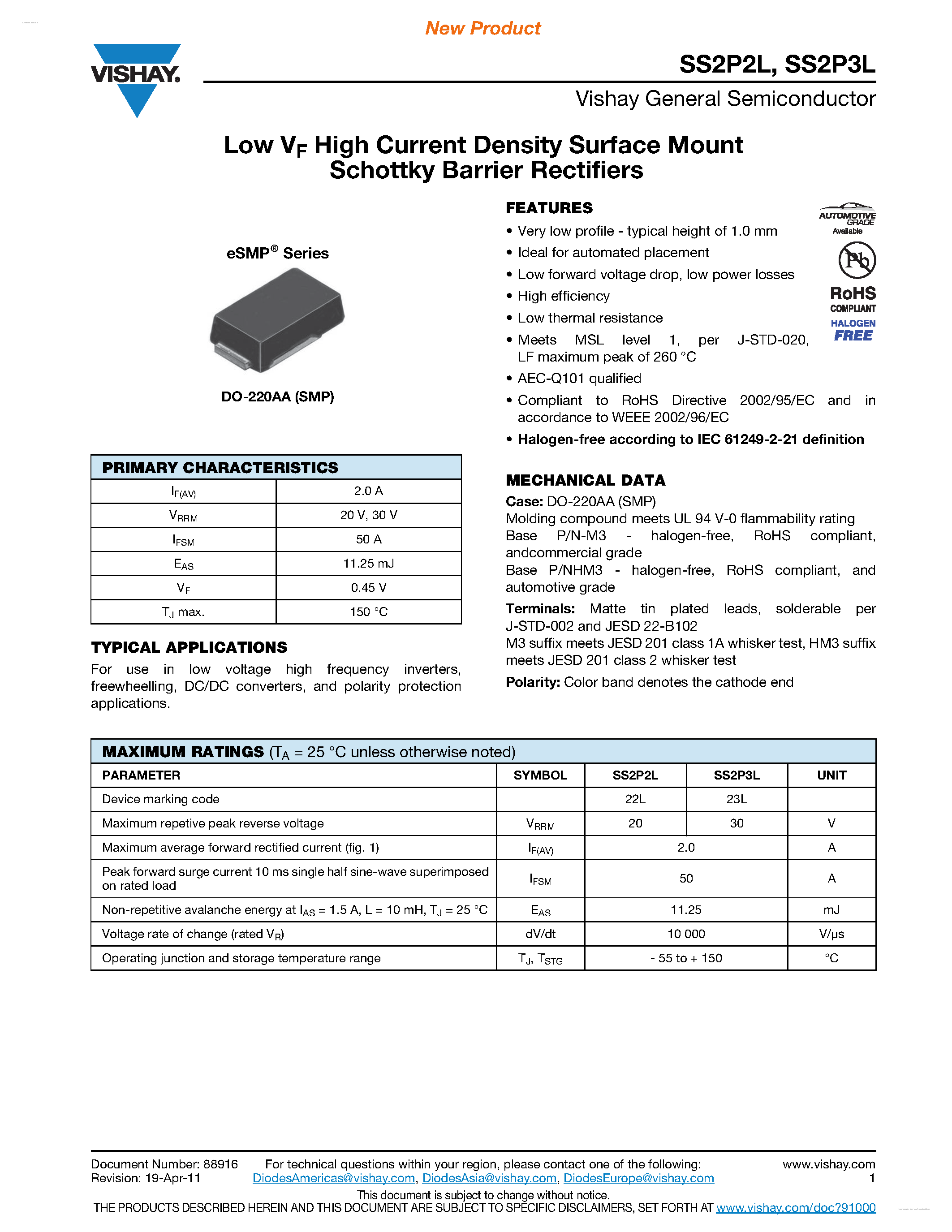 Даташит SS2P2L - (SS2P2L / SS2P3L) Low VF High Current Density Surface Mount Schottky Barrier Rectifiers страница 1