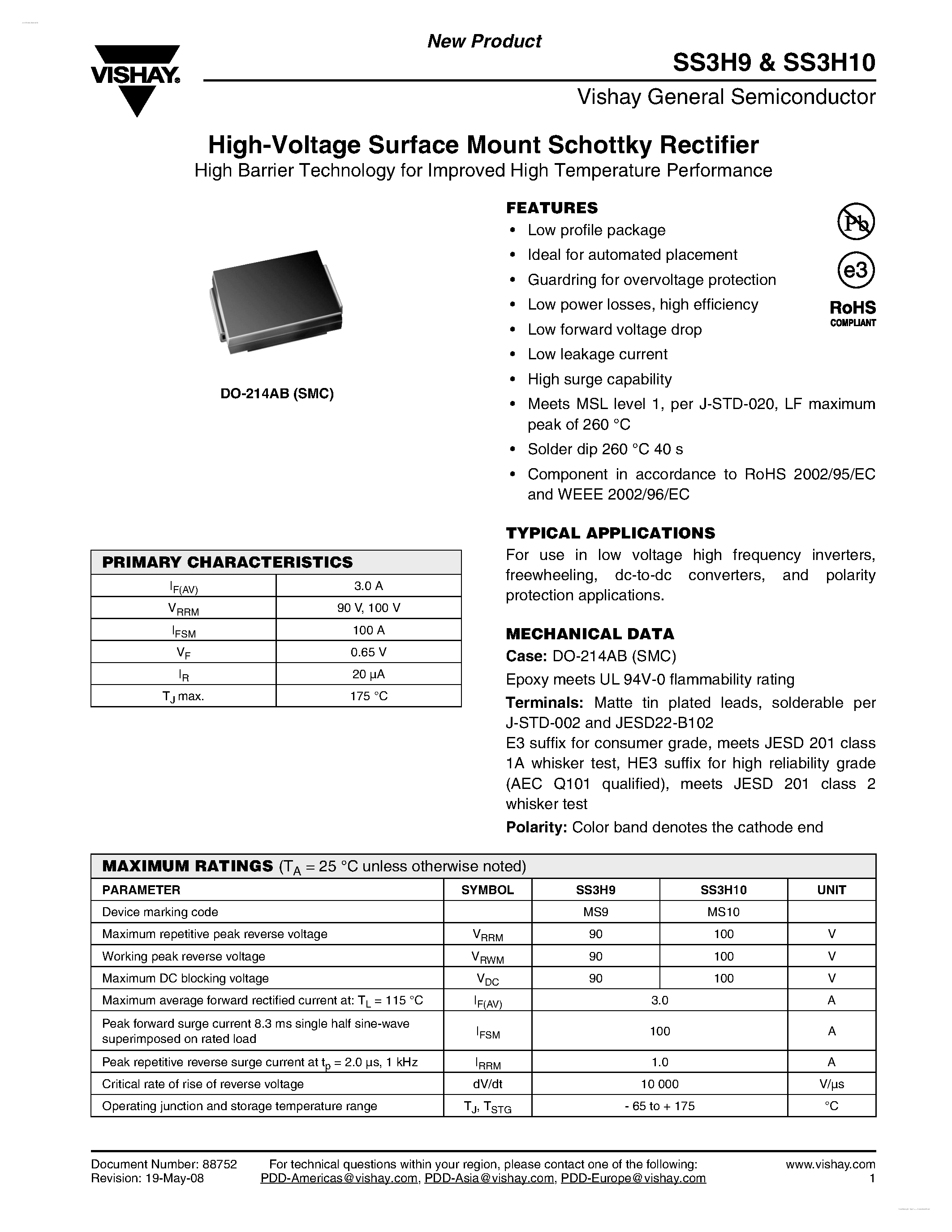 Datasheet SS3H10 - (SS3H9 / SS3H10) High-Voltage Surface Mount Schottky Rectifier page 1