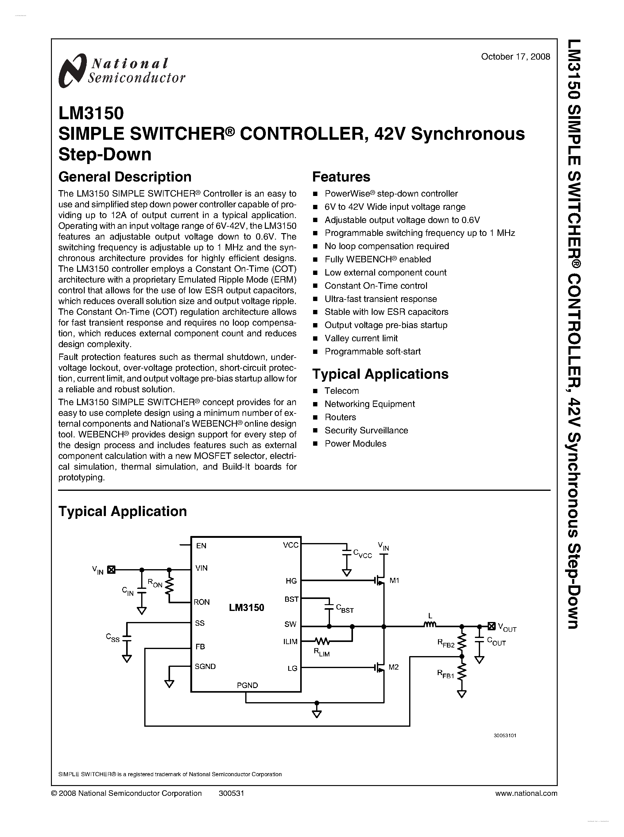 Datasheet LM3150 page 1 Datasheet LM3150 - SIMPLE SWITCHER CONTROLLER page 1