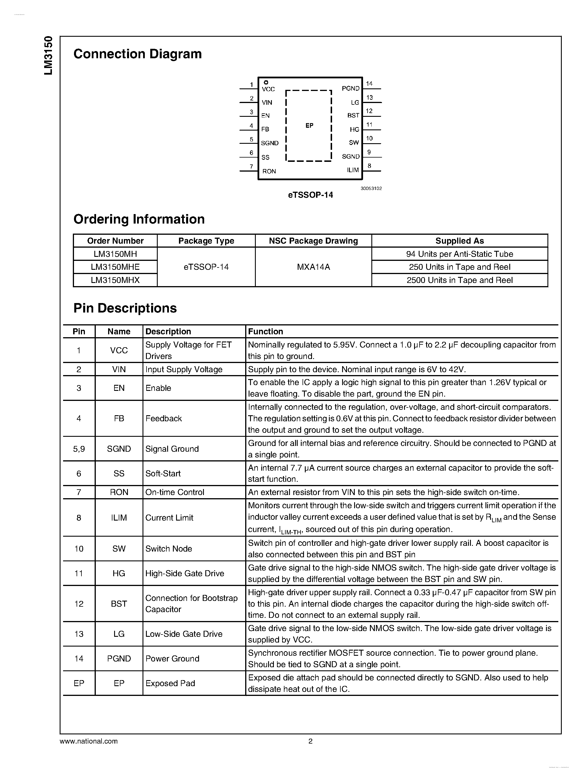 Datasheet LM3150 page 2 Datasheet LM3150 - SIMPLE SWITCHER CONTROLLER page 2