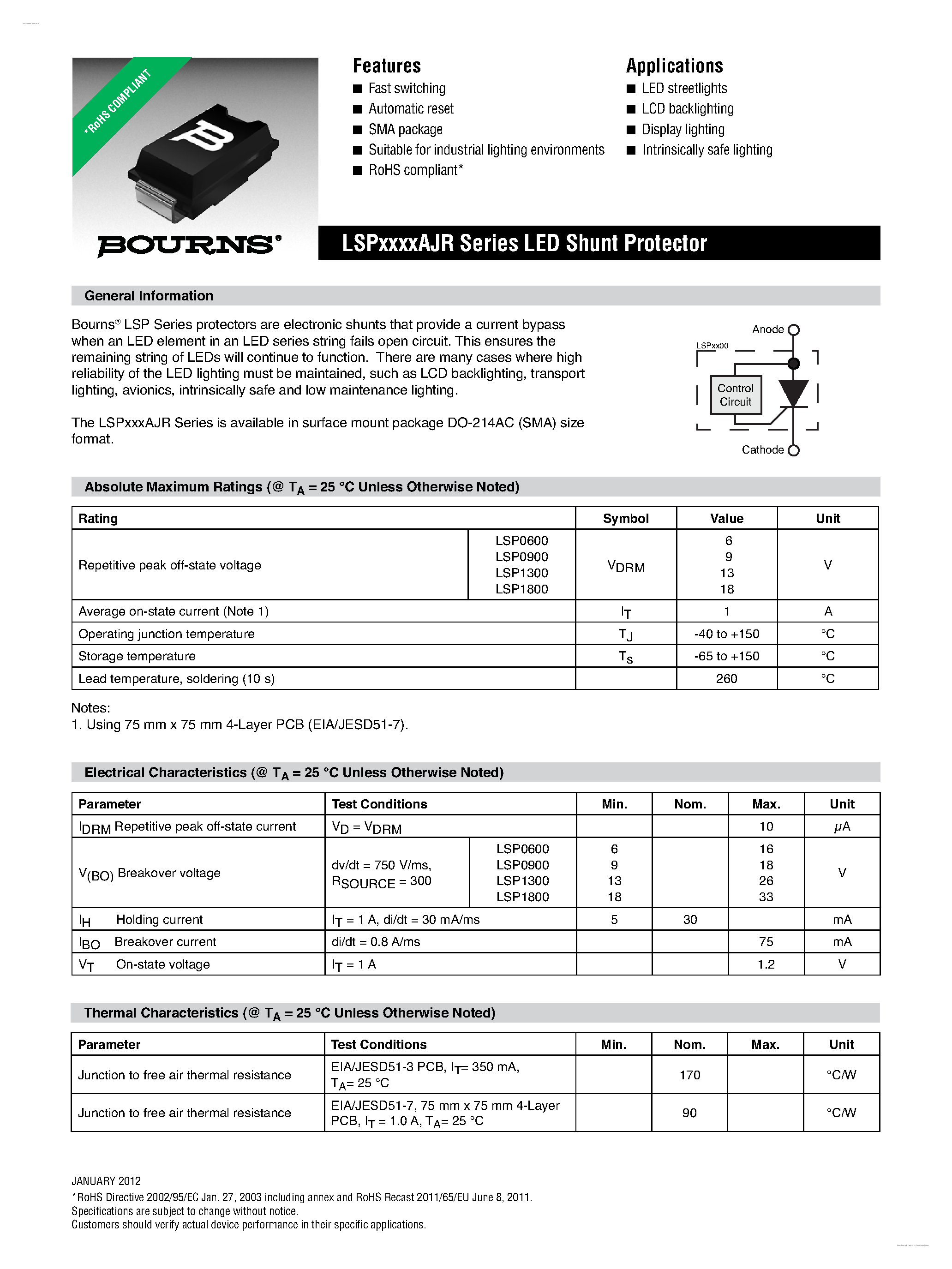 Datasheet LSP0600AJR-S page 1 Datasheet LSP0600AJR-S - LED Shunt Protector page 1