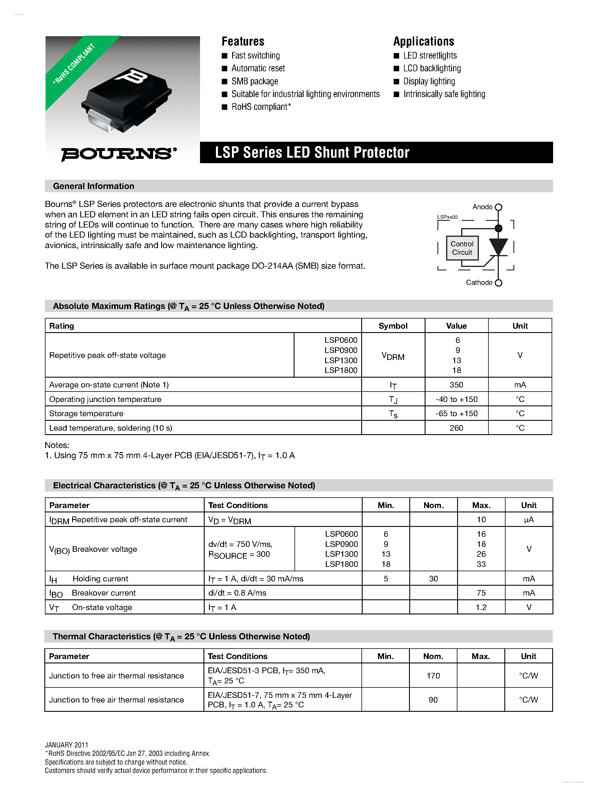 Datasheet LSP0600 page 1 Datasheet LSP0600 - LED Shunt Protector page 1