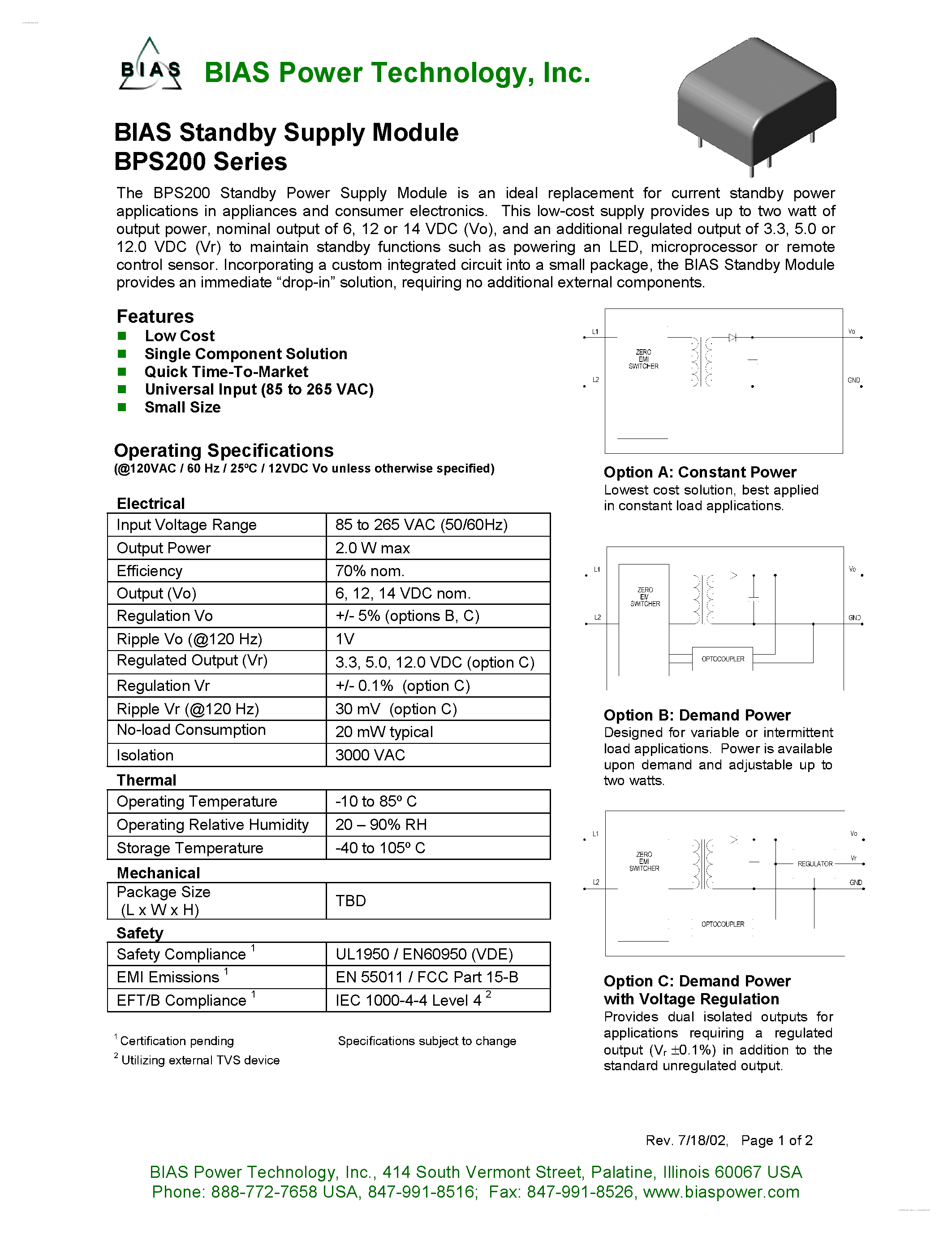 Datasheet BPS200 - Standby Supply Module page 1