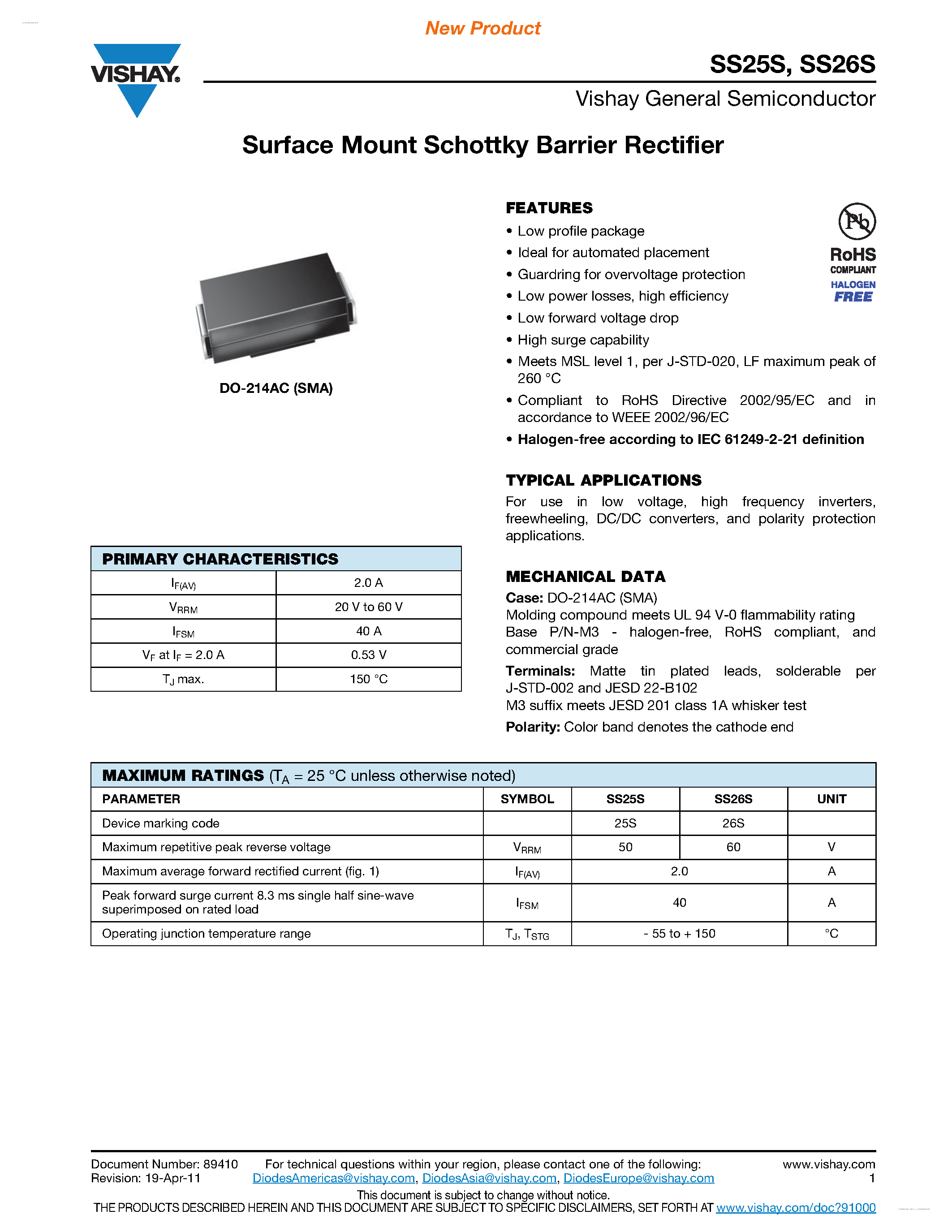 Datasheet SS25S - (SS25S / SS26S) Surface Mount Schottky Barrier Rectifier page 1