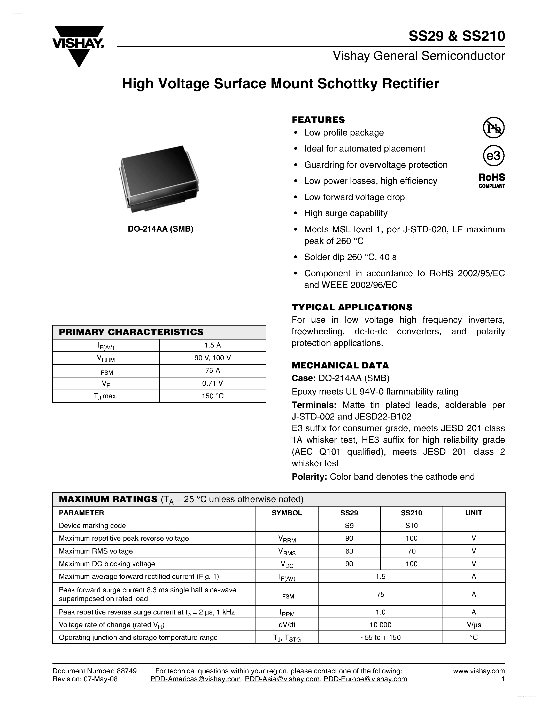 Datasheet SS210 page 1 Datasheet SS210 - (SS29 / SS210) High Voltage Surface Mount Schottky Rectifier page 1