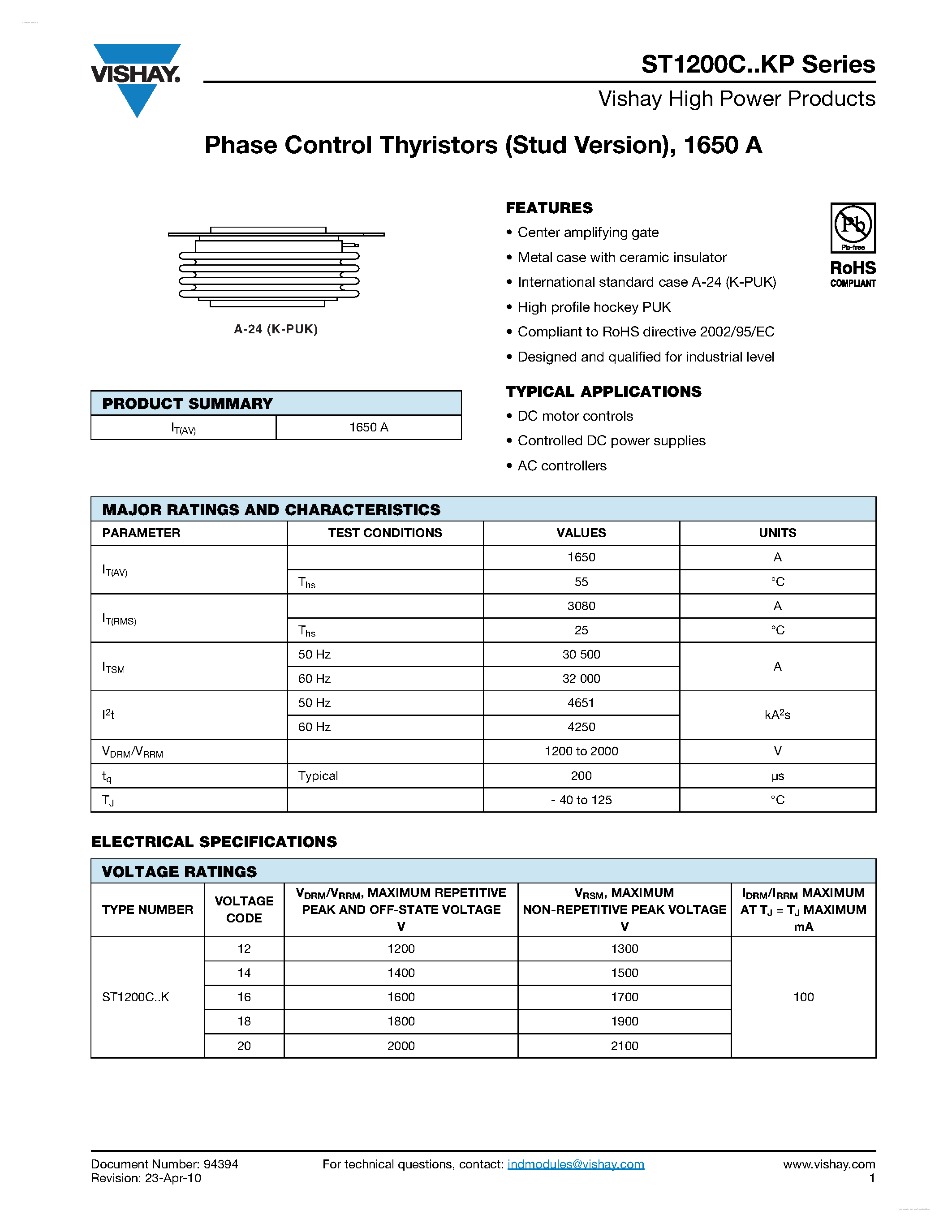 Даташит ST1200C12K0LP - Phase Control Thyristors страница 1