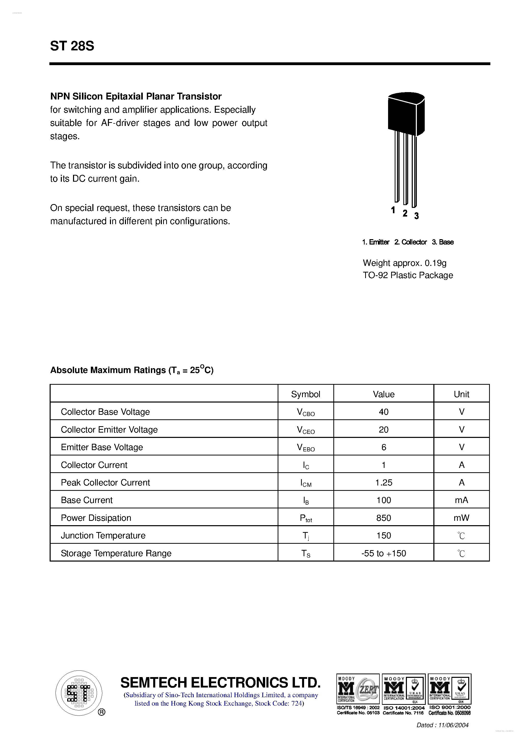 Datasheet ST28S page 1 Datasheet ST28S - NPN Silicon Epitaxial Planar Transistor page 1