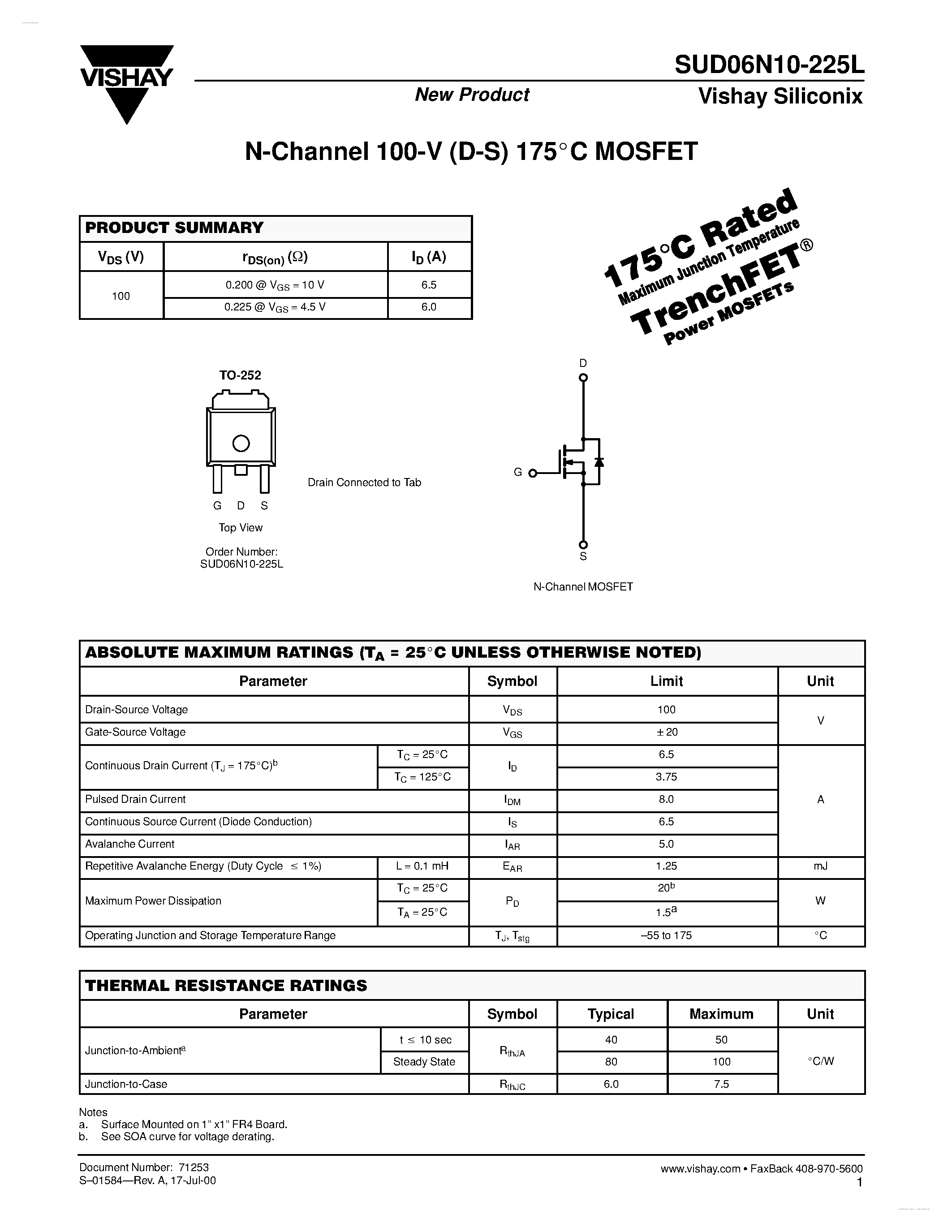 Даташит SUD06N10-225L - N-Channel 100-V (D-S) 175C MOSFET страница 1