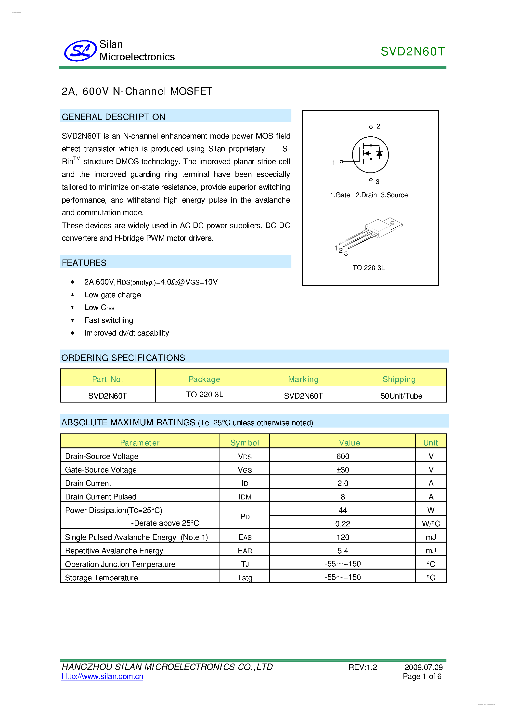 Даташит на микросхему SVD2N60T страница 1 Даташит SVD2N60T - 600V N-Channel MOSFET страница 1