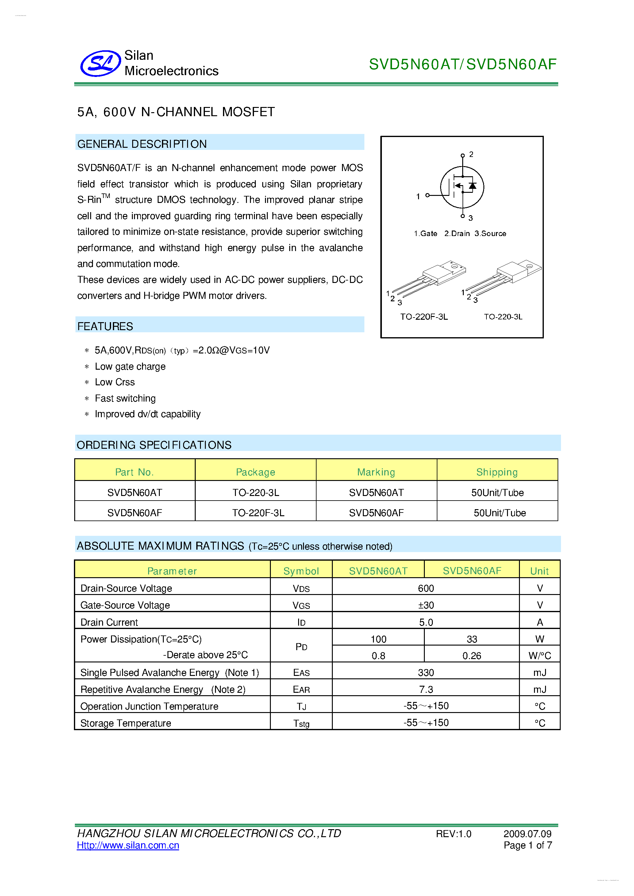 Datasheet SVD5N60AF - 600V N-CHANNEL MOSFET page 1