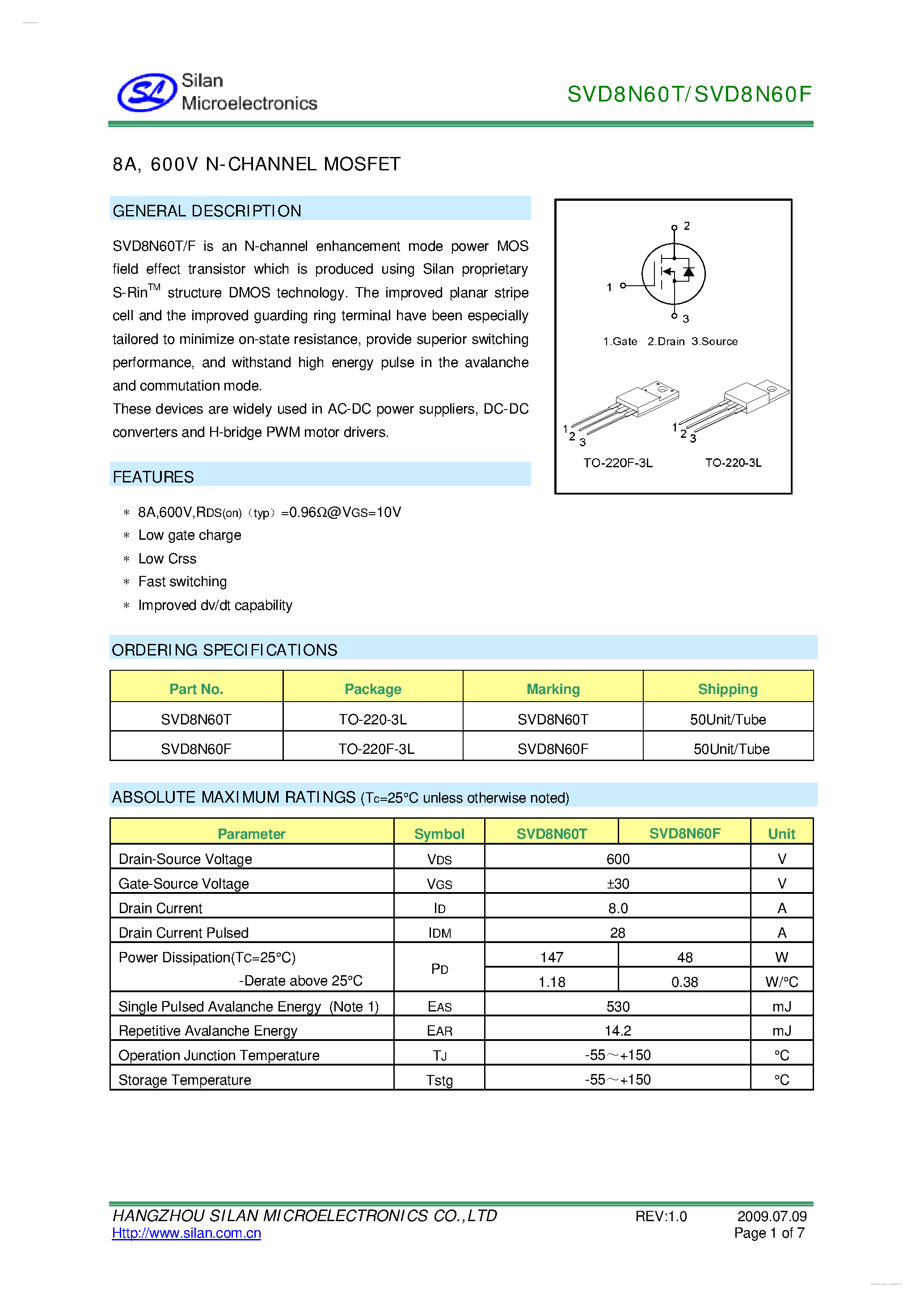 Datasheet SVD8N60F - 600V N-CHANNEL MOSFET page 1