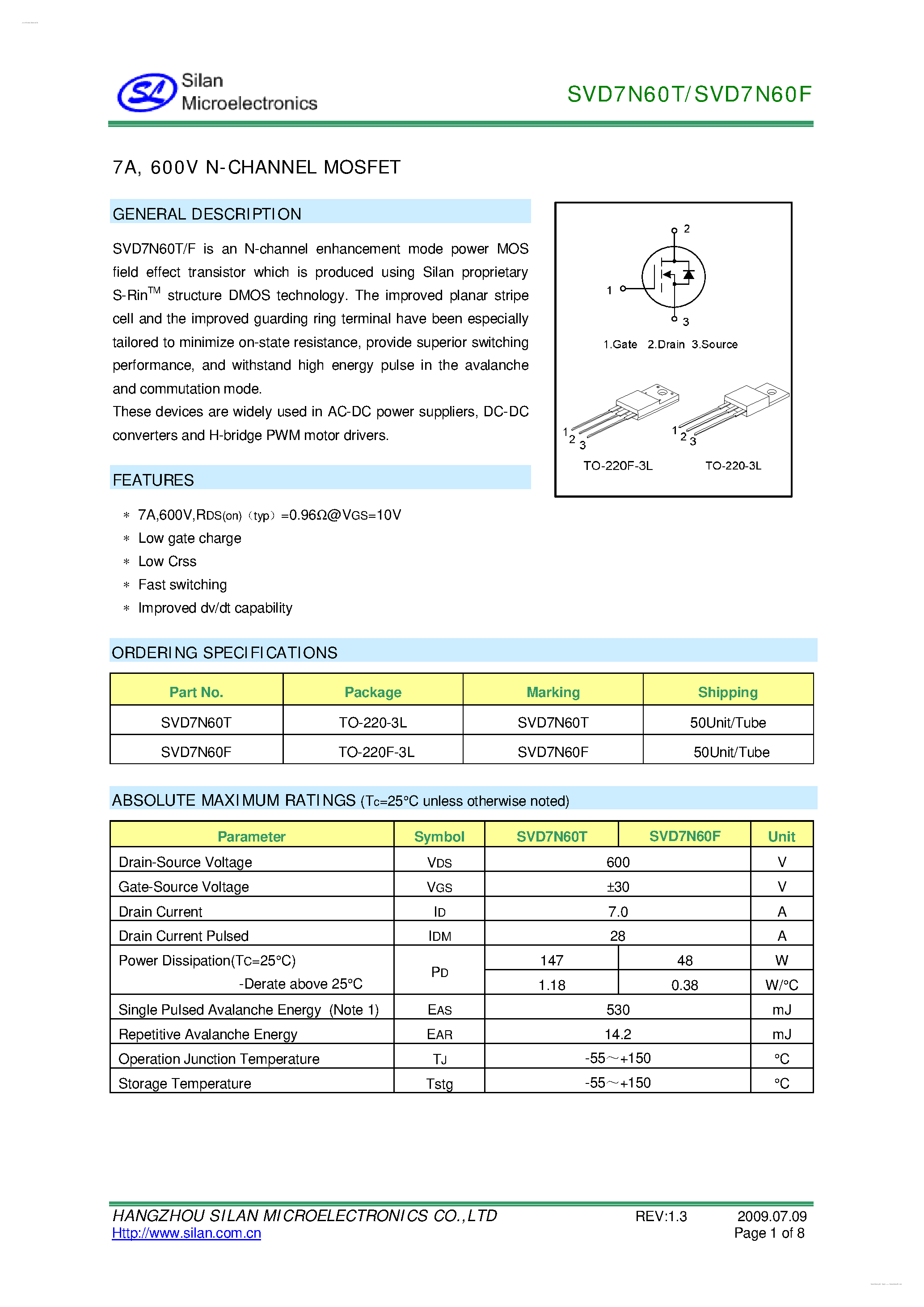 Datasheet SVD7N60F - 600V N-CHANNEL MOSFET page 1
