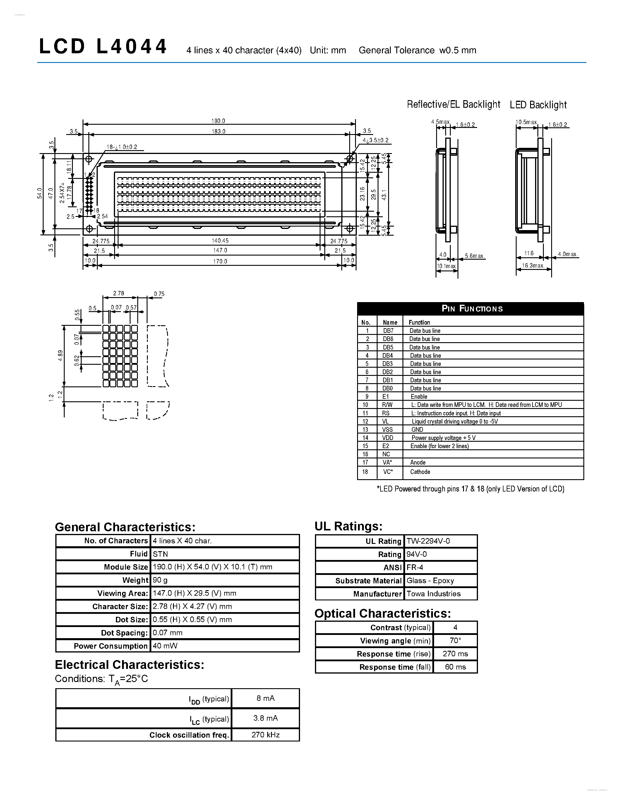 Datasheet L4044 - 4 lines x 40 character page 1