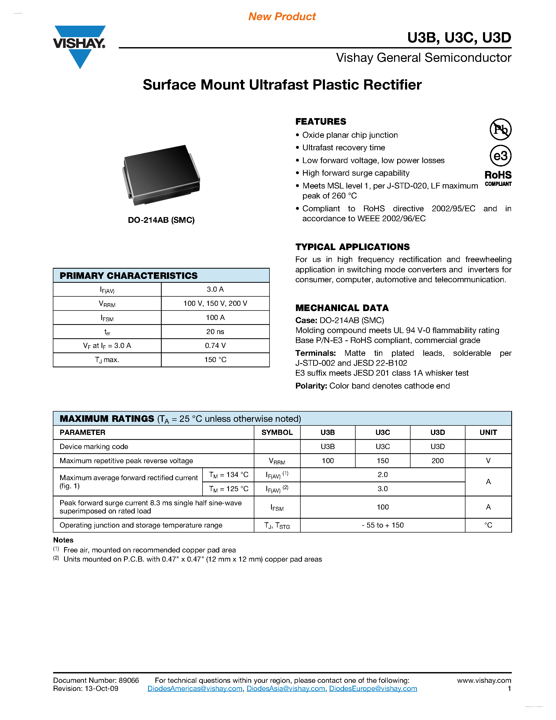 Datasheet U3D page 1 Datasheet U3D - Surface Mount Ultrafast Plastic Rectifier page 1
