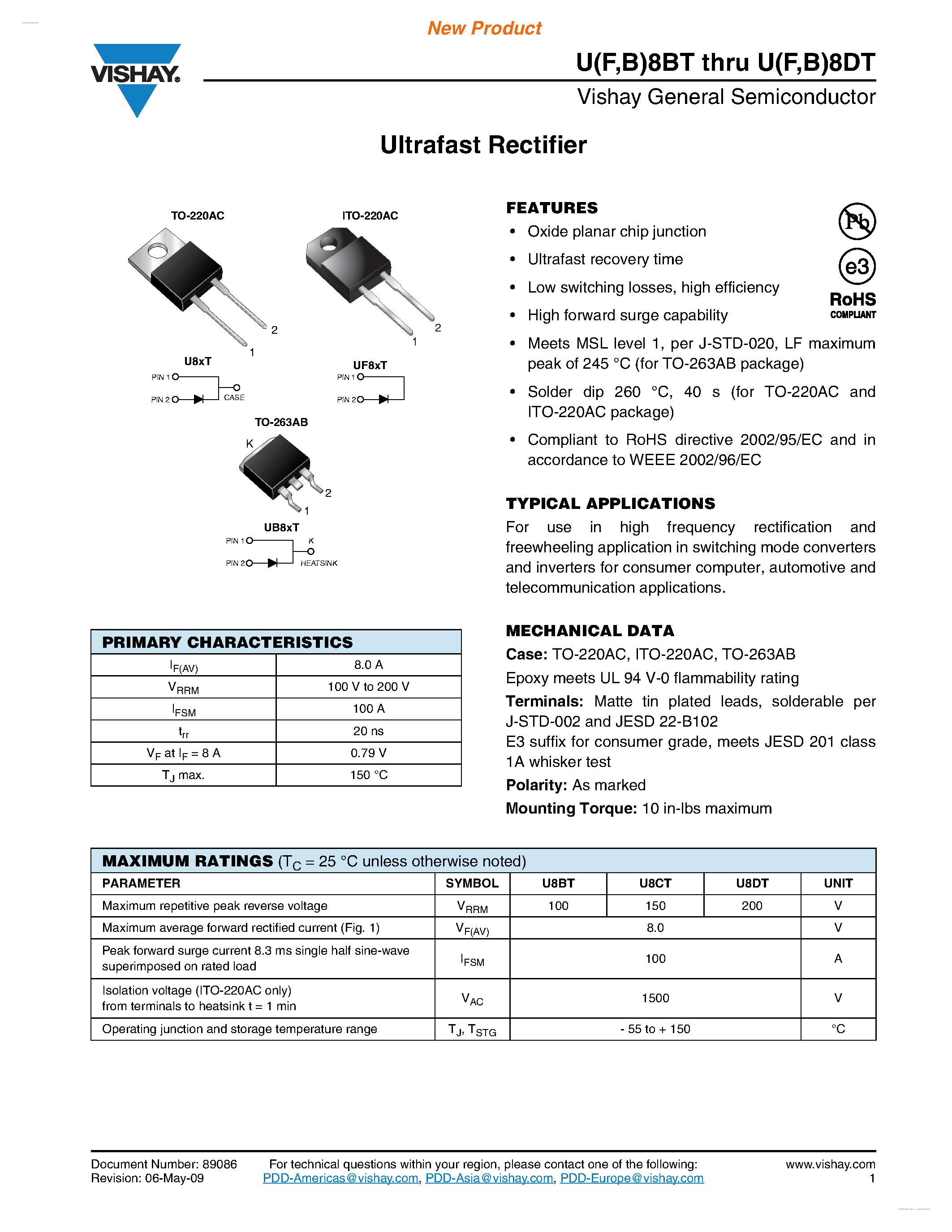 Datasheet UF8BT page 1 Datasheet UF8BT - (UF8BT - UF8DT) Ultrafast Rectifier page 1