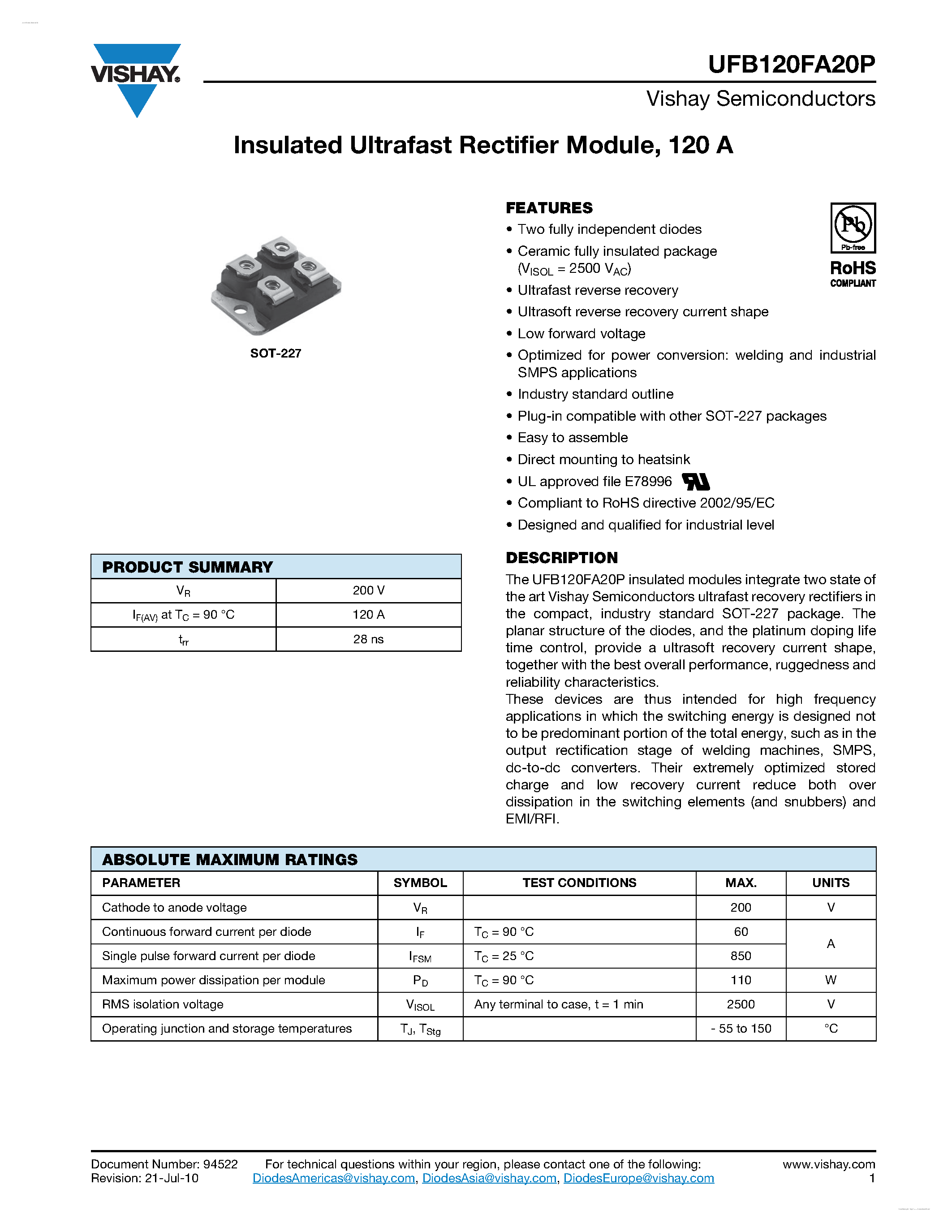 Datasheet UFB120FA20P page 1 Datasheet UFB120FA20P - Insulated Ultrafast Rectifier Module page 1