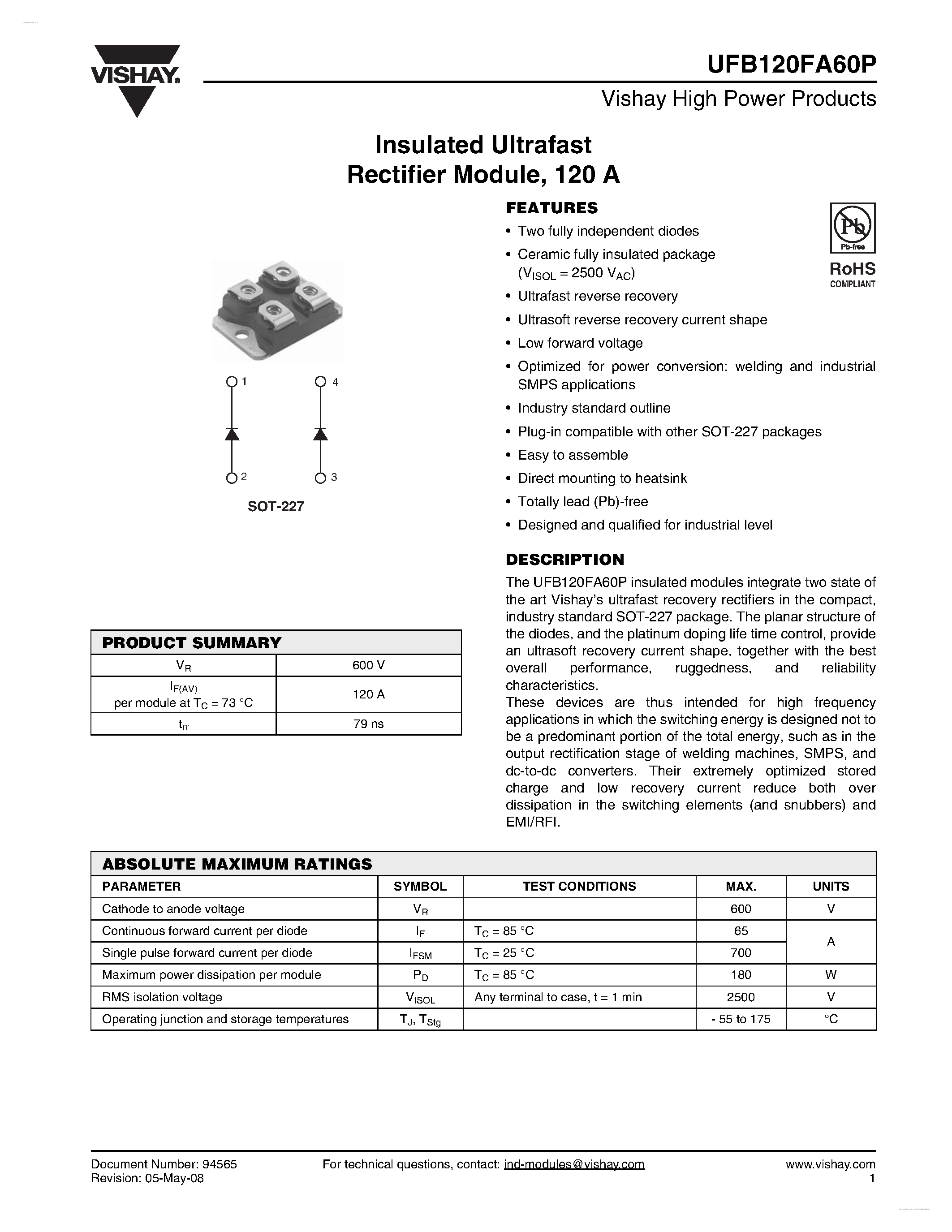 Datasheet UFB120FA60P page 1 Datasheet UFB120FA60P - Insulated Ultrafast Rectifier Module page 1