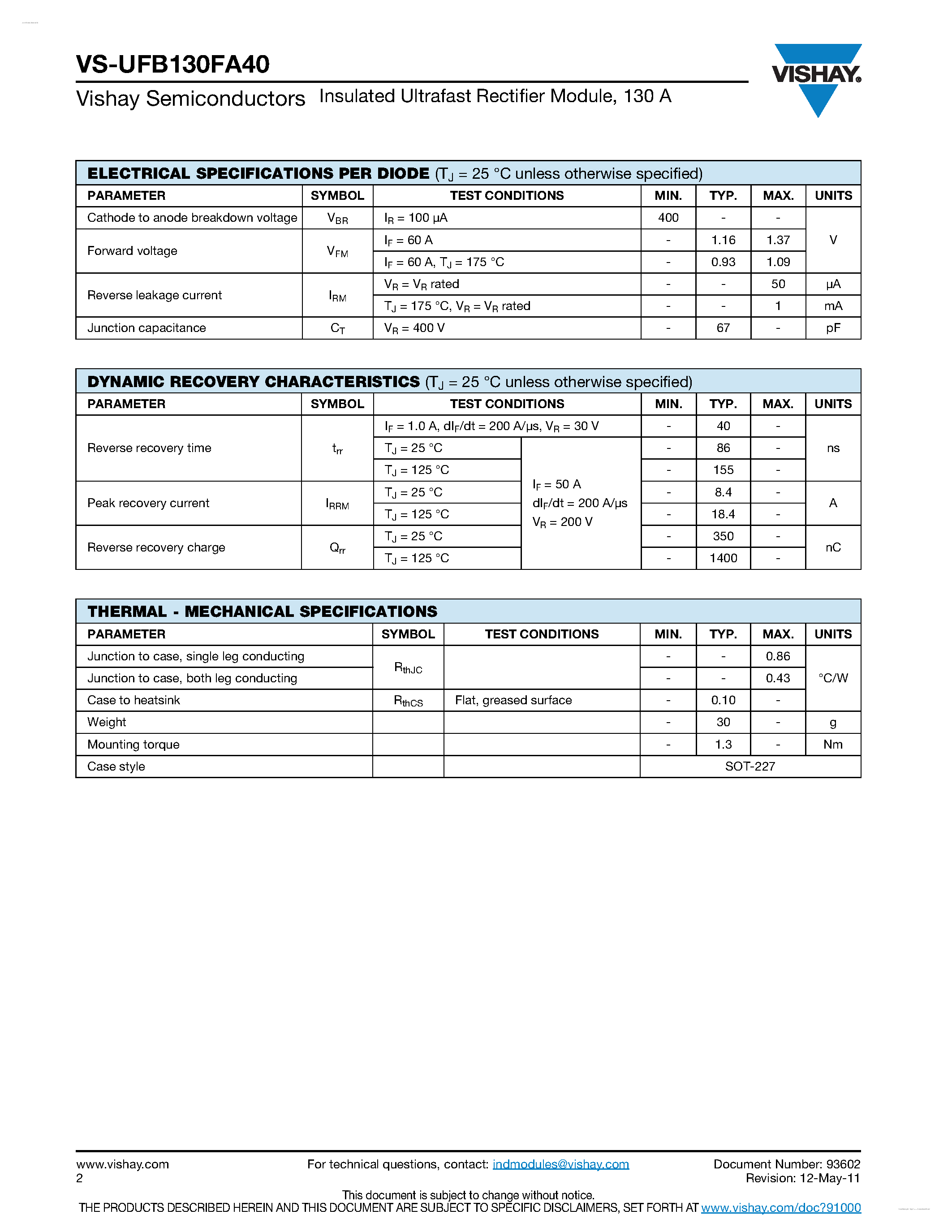 Datasheet UFB130FA40 page 2 Datasheet UFB130FA40 - Insulated Ultrafast Rectifier Module page 2
