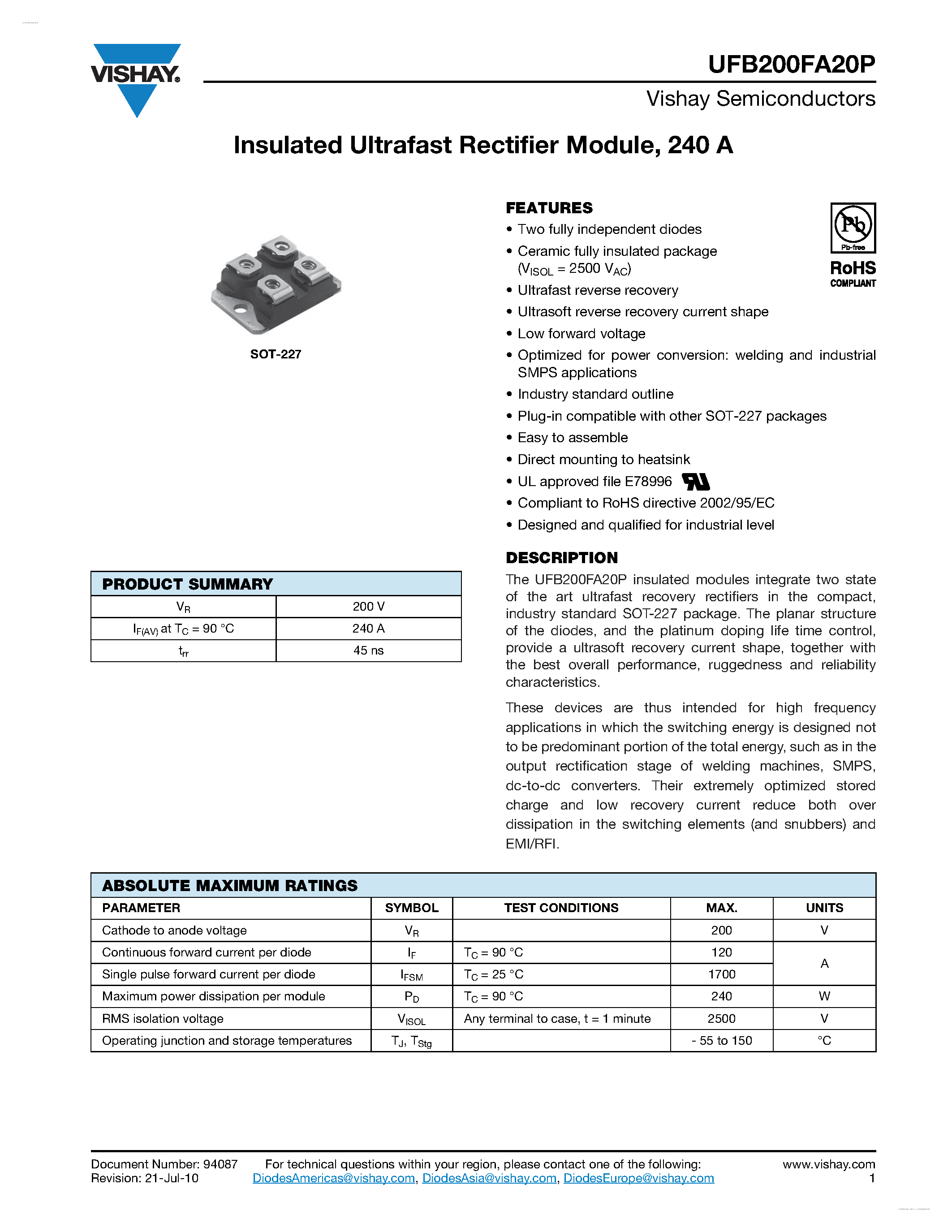 Datasheet UFB200FA20P page 1 Datasheet UFB200FA20P - Insulated Ultrafast Rectifier Module page 1