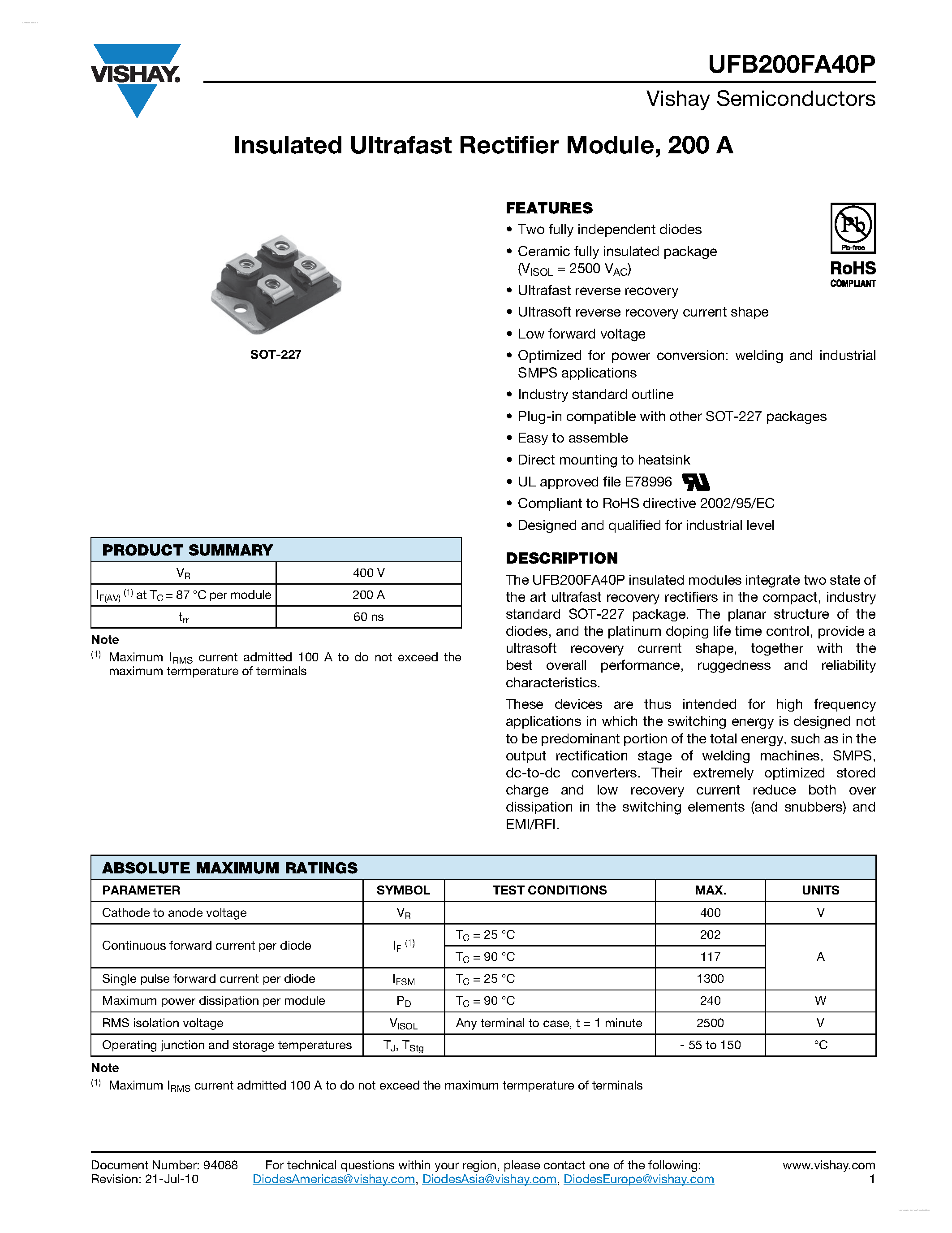 Datasheet UFB200FA40P page 1 Datasheet UFB200FA40P - Insulated Ultrafast Rectifier Module page 1