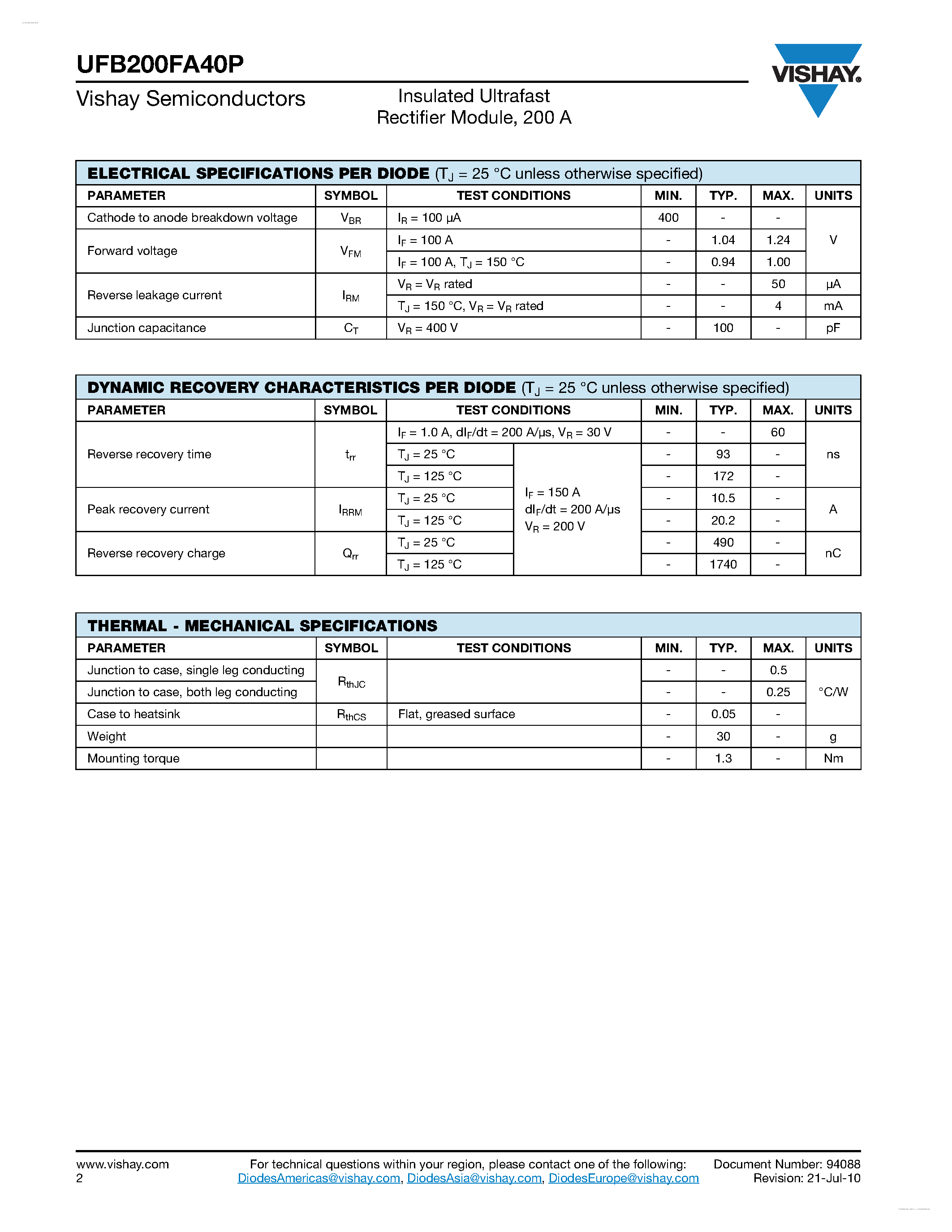 Datasheet UFB200FA40P page 2 Datasheet UFB200FA40P - Insulated Ultrafast Rectifier Module page 2