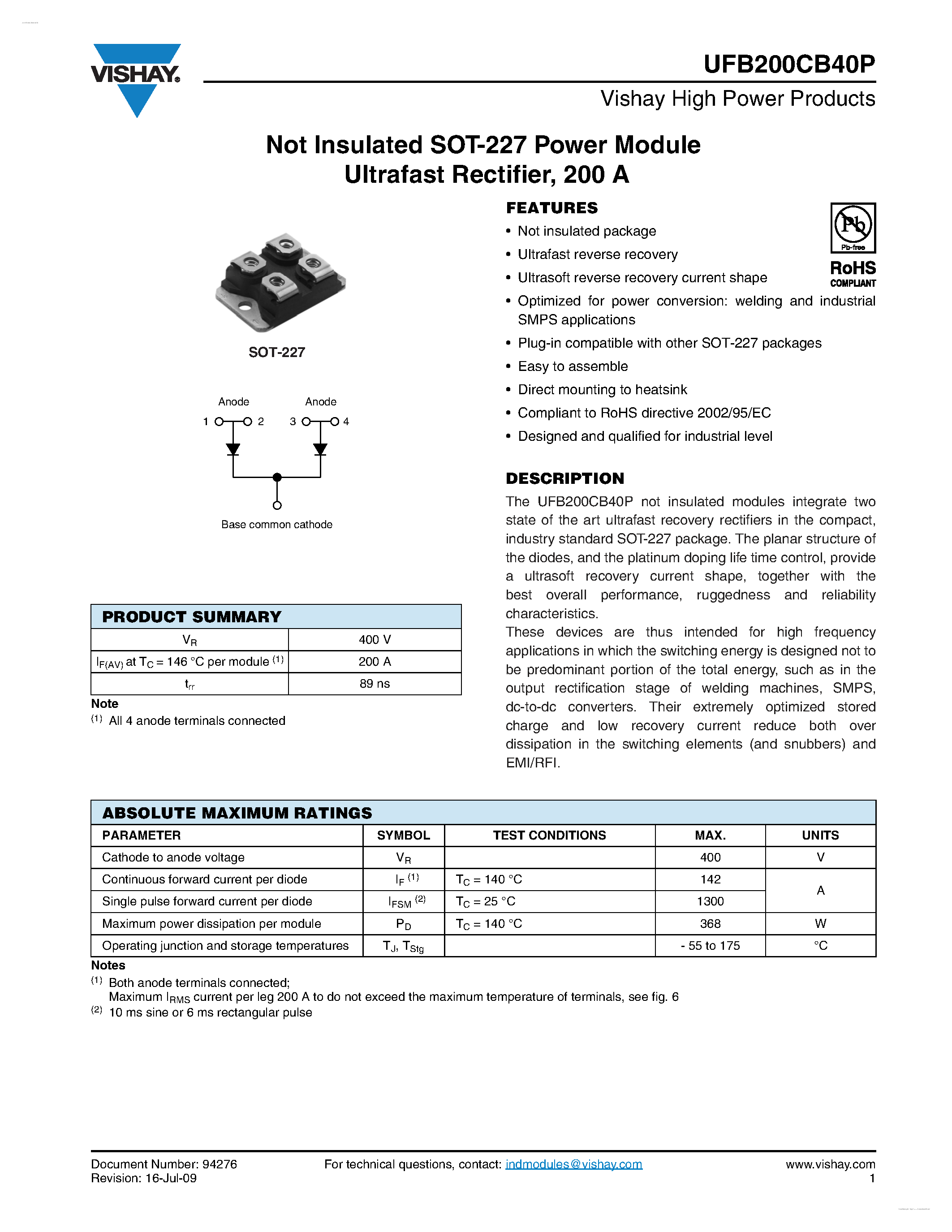 Datasheet UFB200CB40P - Not Insulated SOT-227 Power Module Ultrafast Rectifier page 1