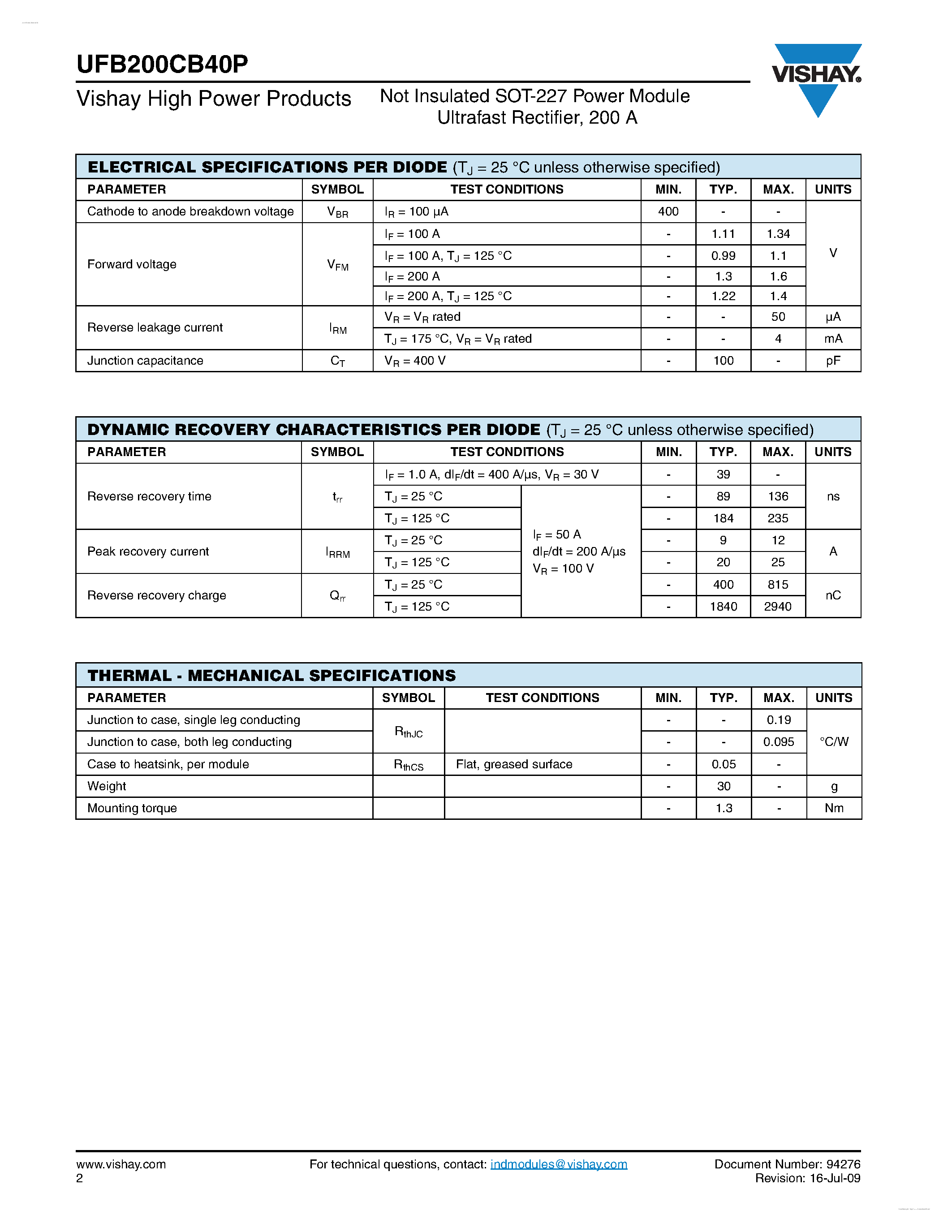 Datasheet UFB200CB40P - Not Insulated SOT-227 Power Module Ultrafast Rectifier page 2