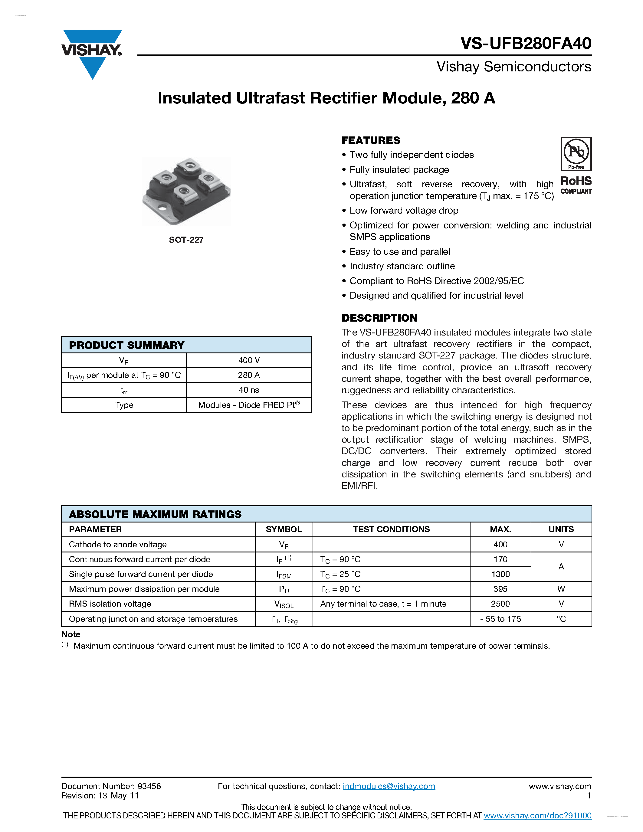 Datasheet UFB280FA40 page 1 Datasheet UFB280FA40 - Insulated Ultrafast Rectifier Module page 1