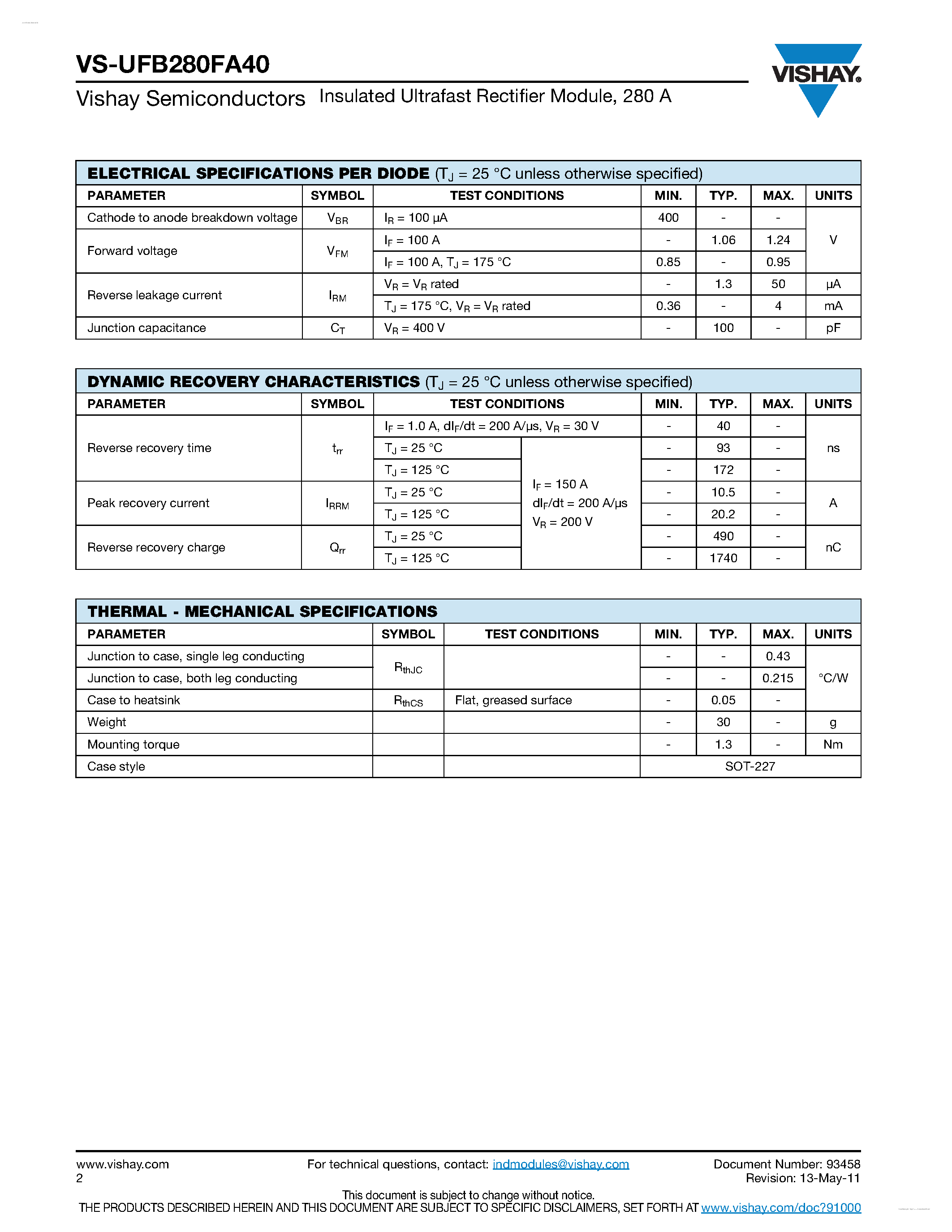 Datasheet UFB280FA40 page 2 Datasheet UFB280FA40 - Insulated Ultrafast Rectifier Module page 2