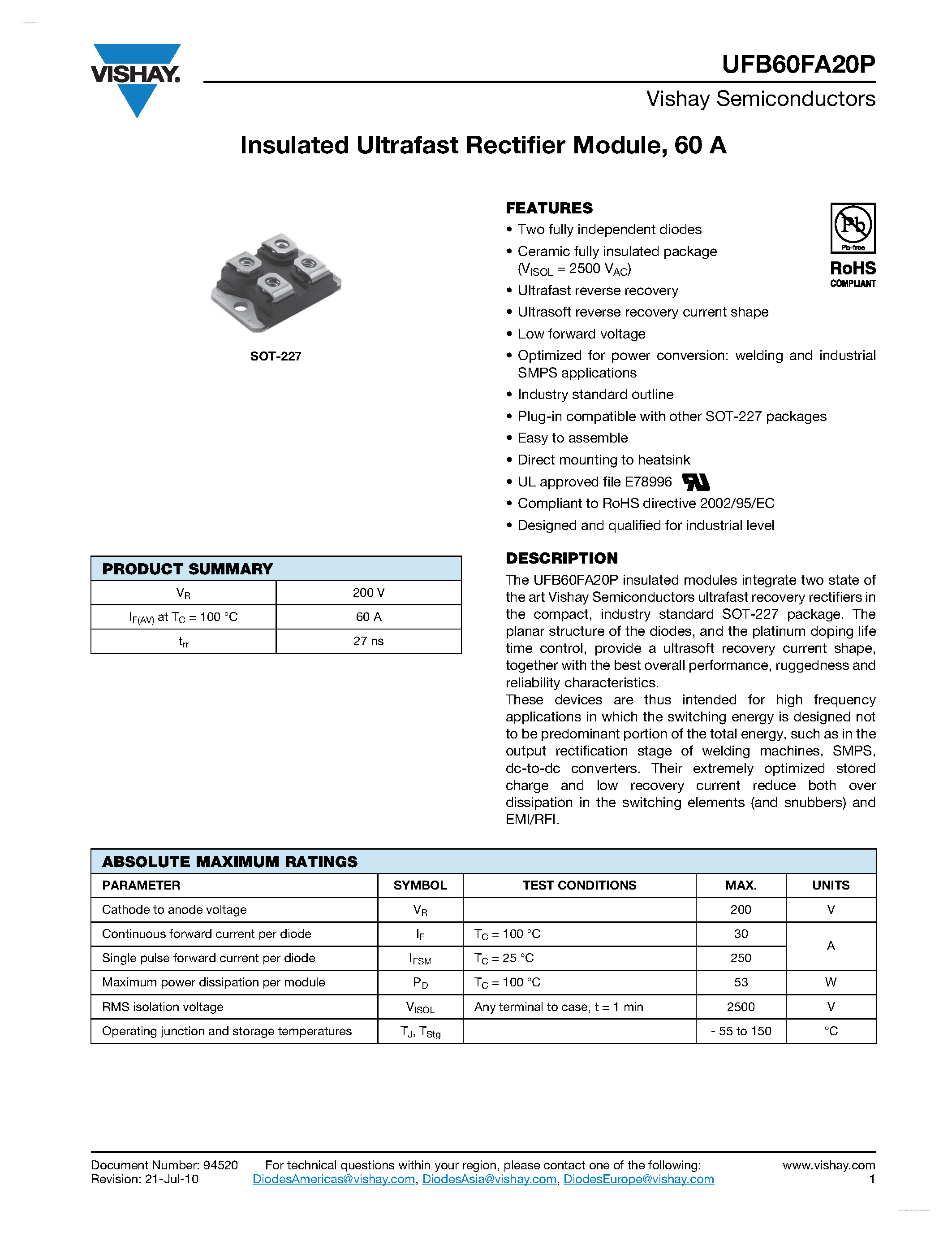 Datasheet UFB60FA20P page 1 Datasheet UFB60FA20P - Insulated Ultrafast Rectifier Module page 1