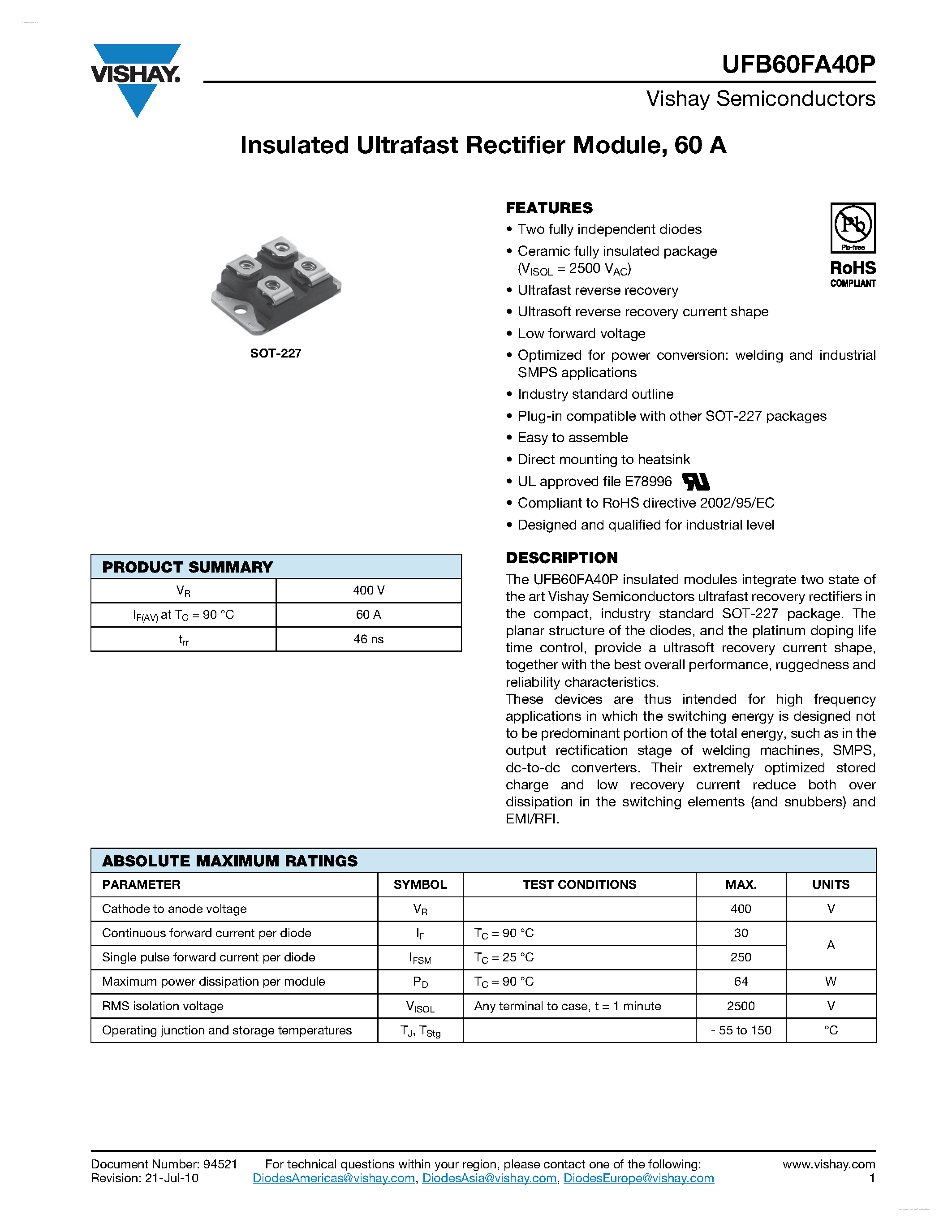 Datasheet UFB60FA40P page 1 Datasheet UFB60FA40P - Insulated Ultrafast Rectifier Module page 1