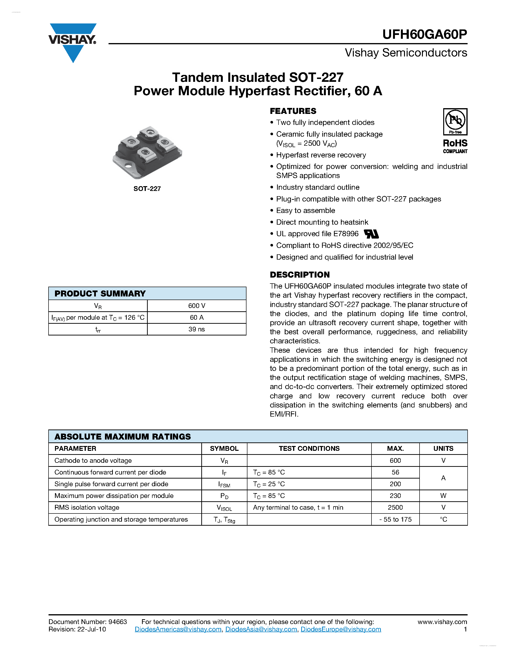 Datasheet UFH60GA60P page 1 Datasheet UFH60GA60P - Power Module Hyperfast Rectifier page 1