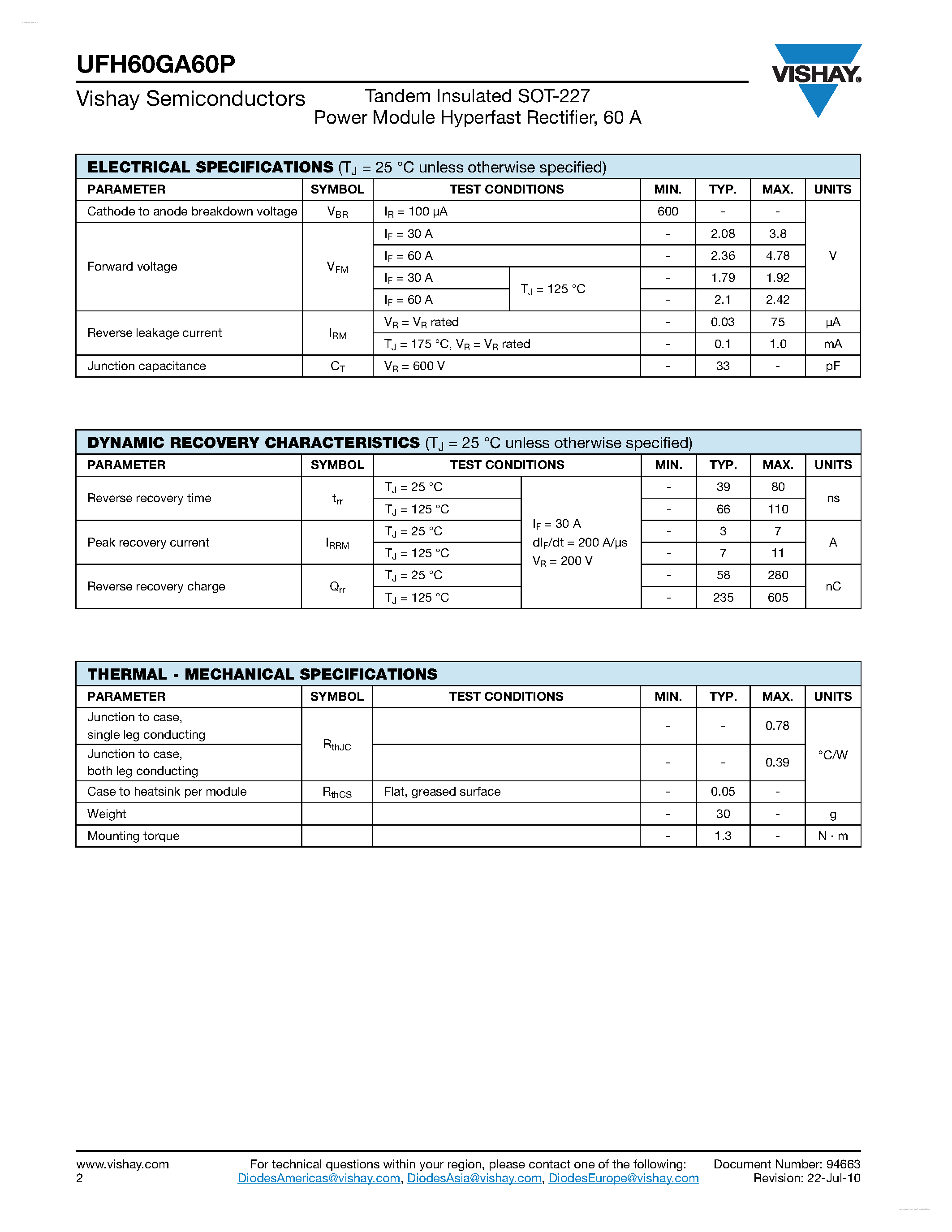Datasheet UFH60GA60P page 2 Datasheet UFH60GA60P - Power Module Hyperfast Rectifier page 2