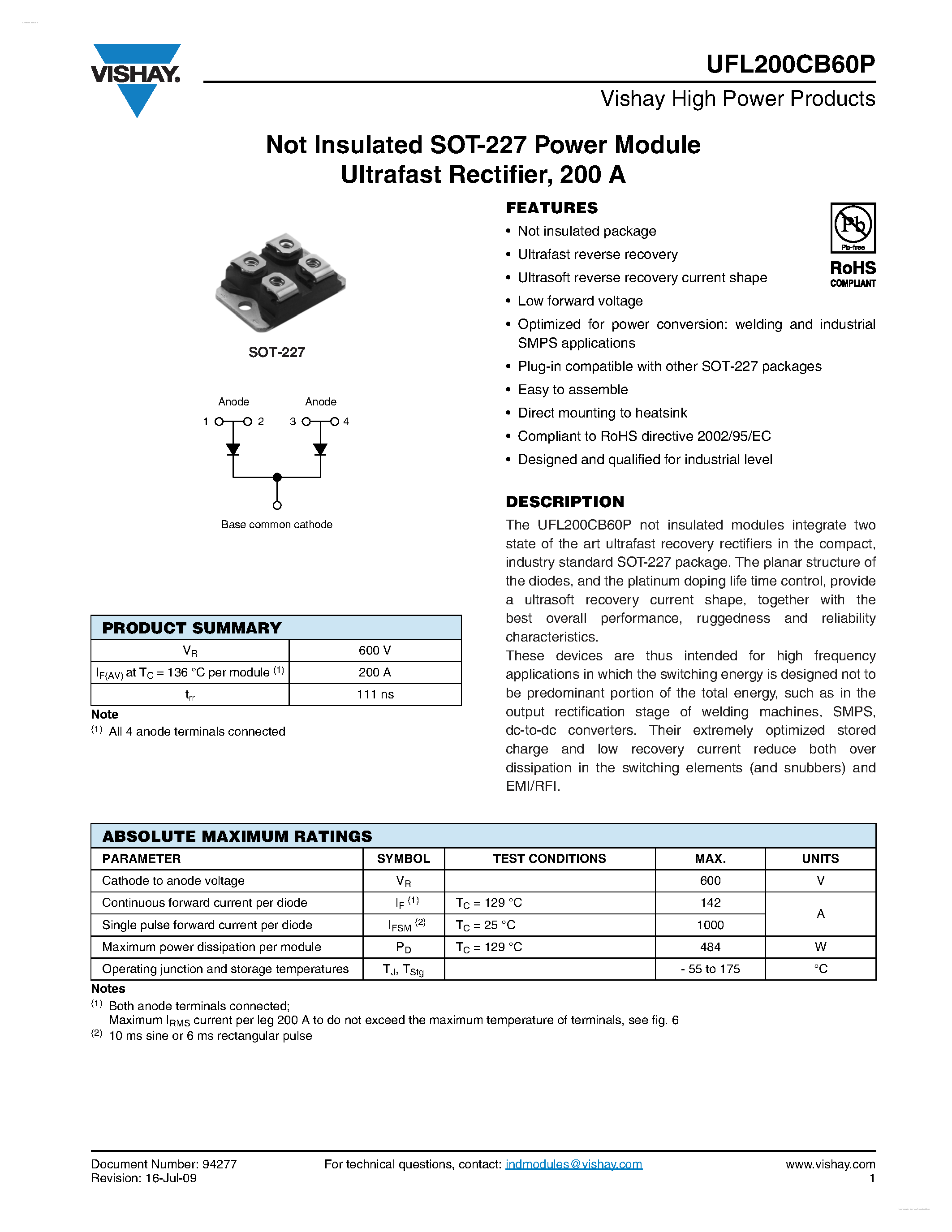 Datasheet UFL200CB60P page 1 Datasheet UFL200CB60P - Power Module Ultrafast Rectifier page 1